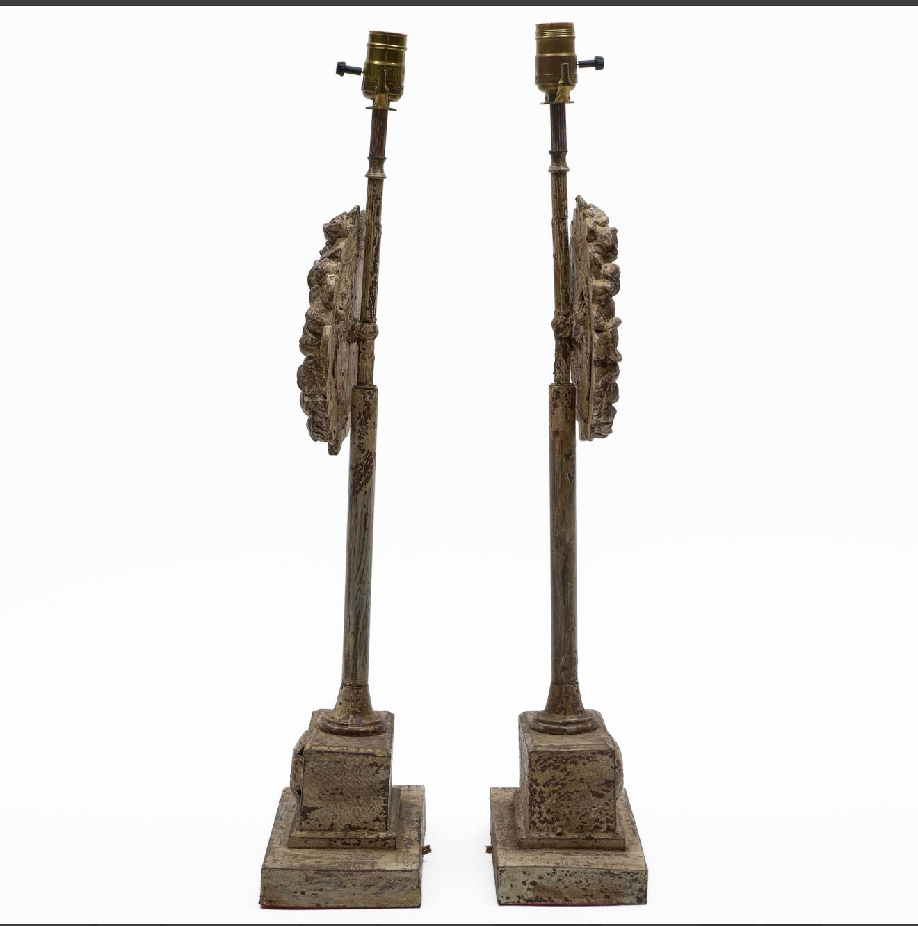 Vintage Large Composite Faux Painted Lamps with Floral Medallions, Pair