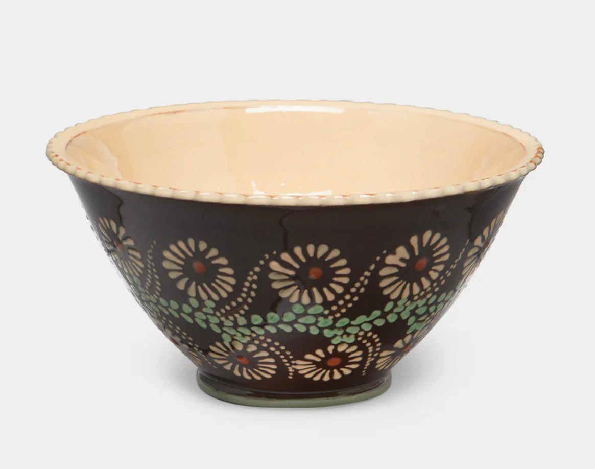 Hand Painted Ceramic Fluted Serving Bowl, "Flowers", by Poterie d'Évires
