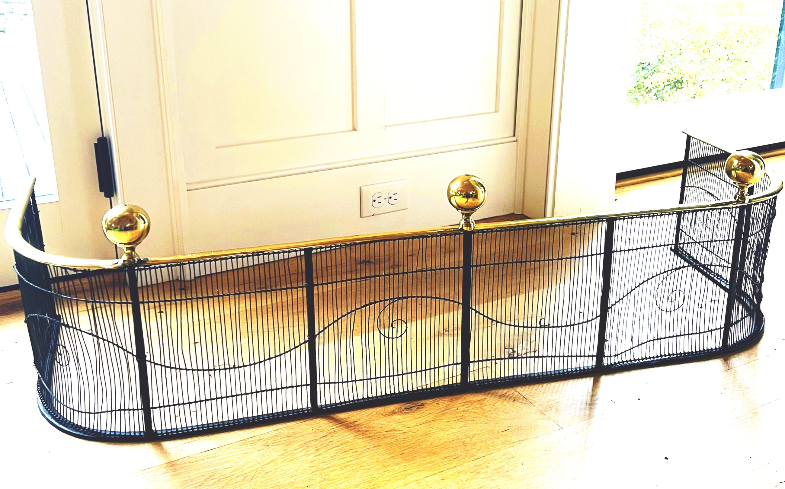 Antique American Brass and Artistic Work Wire Fire Fender with Ball Finials