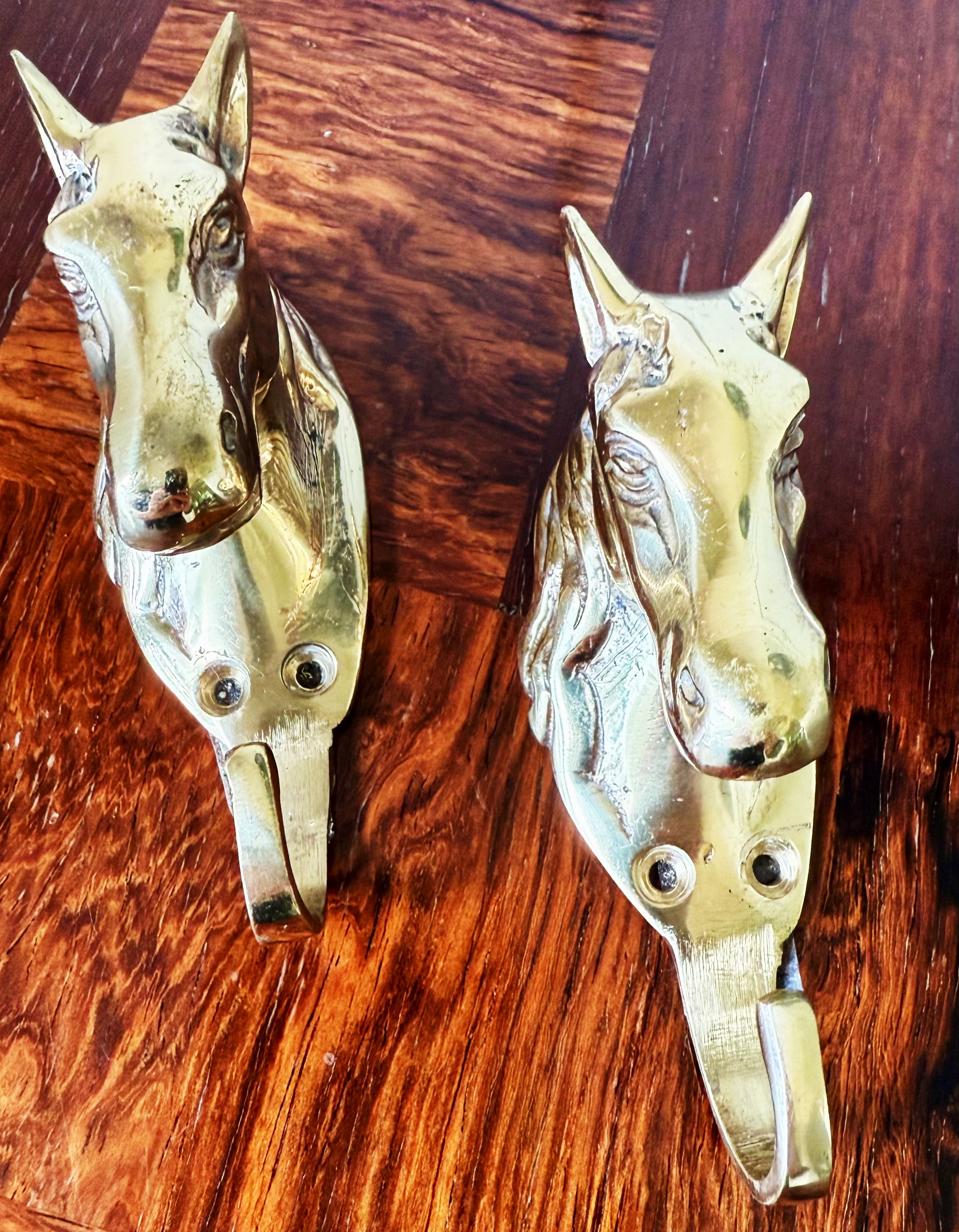 Vintage Brass Hooks with Horse Motif, Set of Two