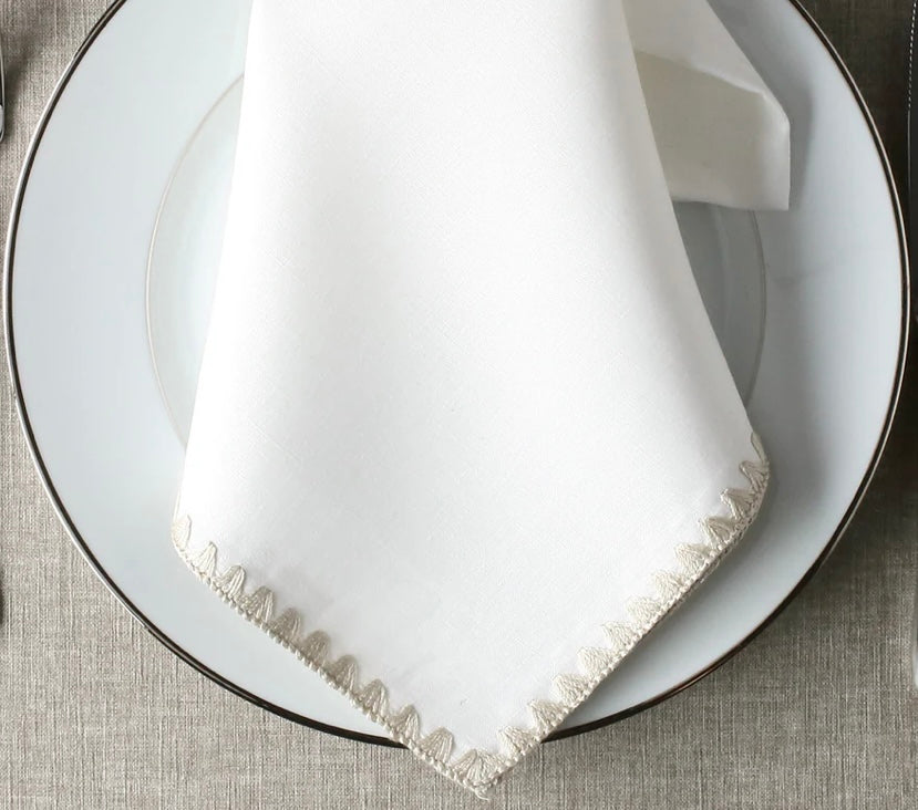 Linen Dinner Napkins, "Orly" in  Khaki Trim by E. Braun and Co,  New York, Set of 6 (Two sets requested)