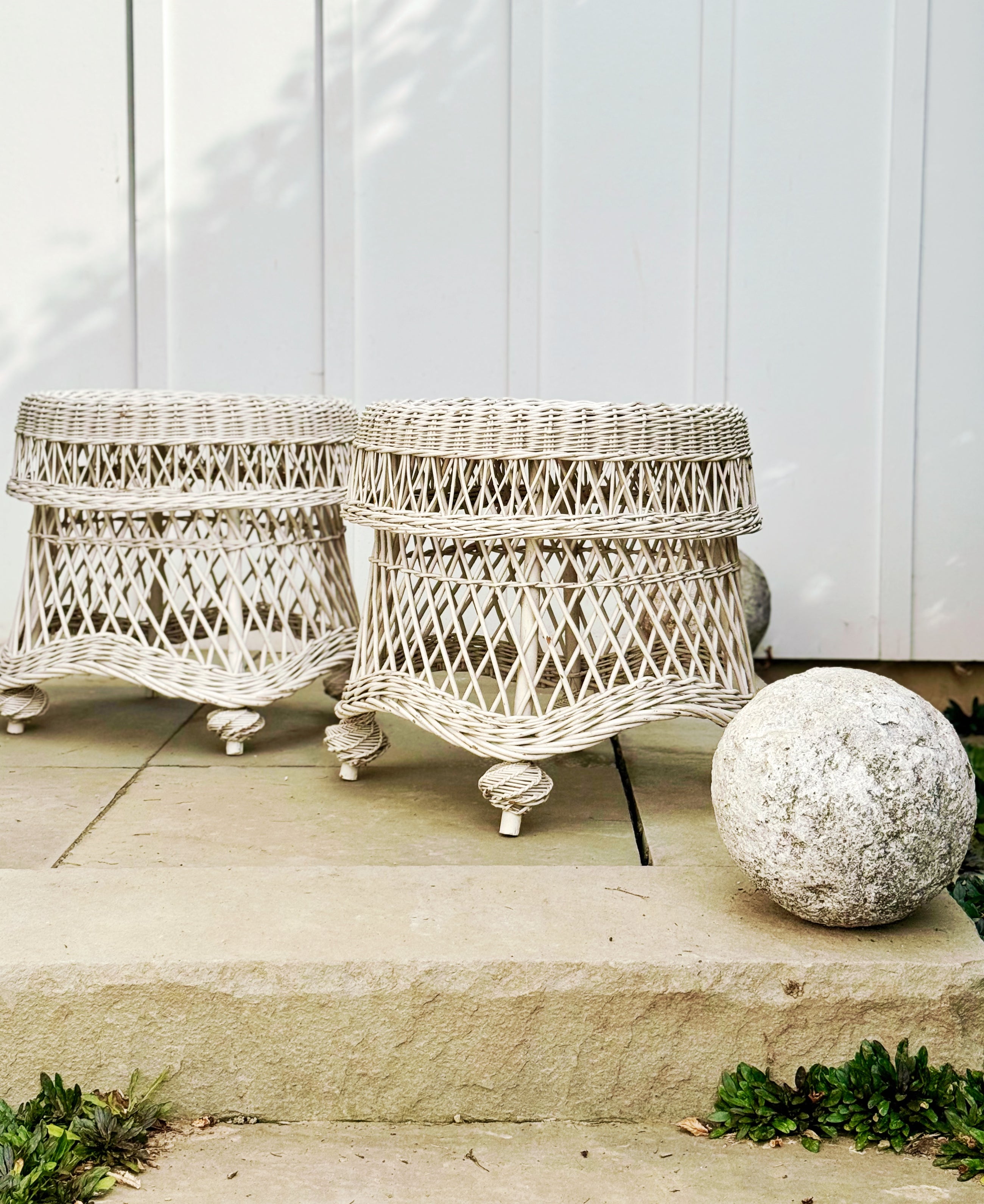 Vintage Painted Wicker Side Tables, Pair