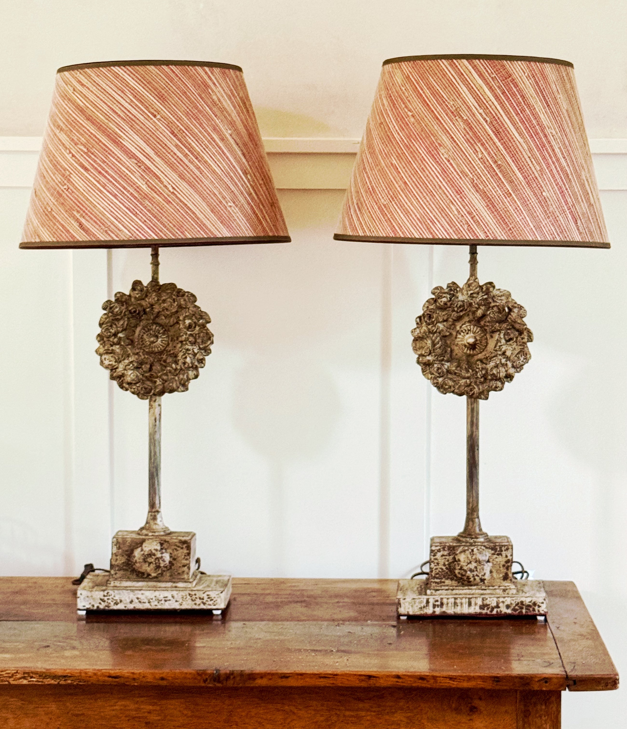 Vintage Large Composite Faux Painted Lamps with Floral Medallions, Pair