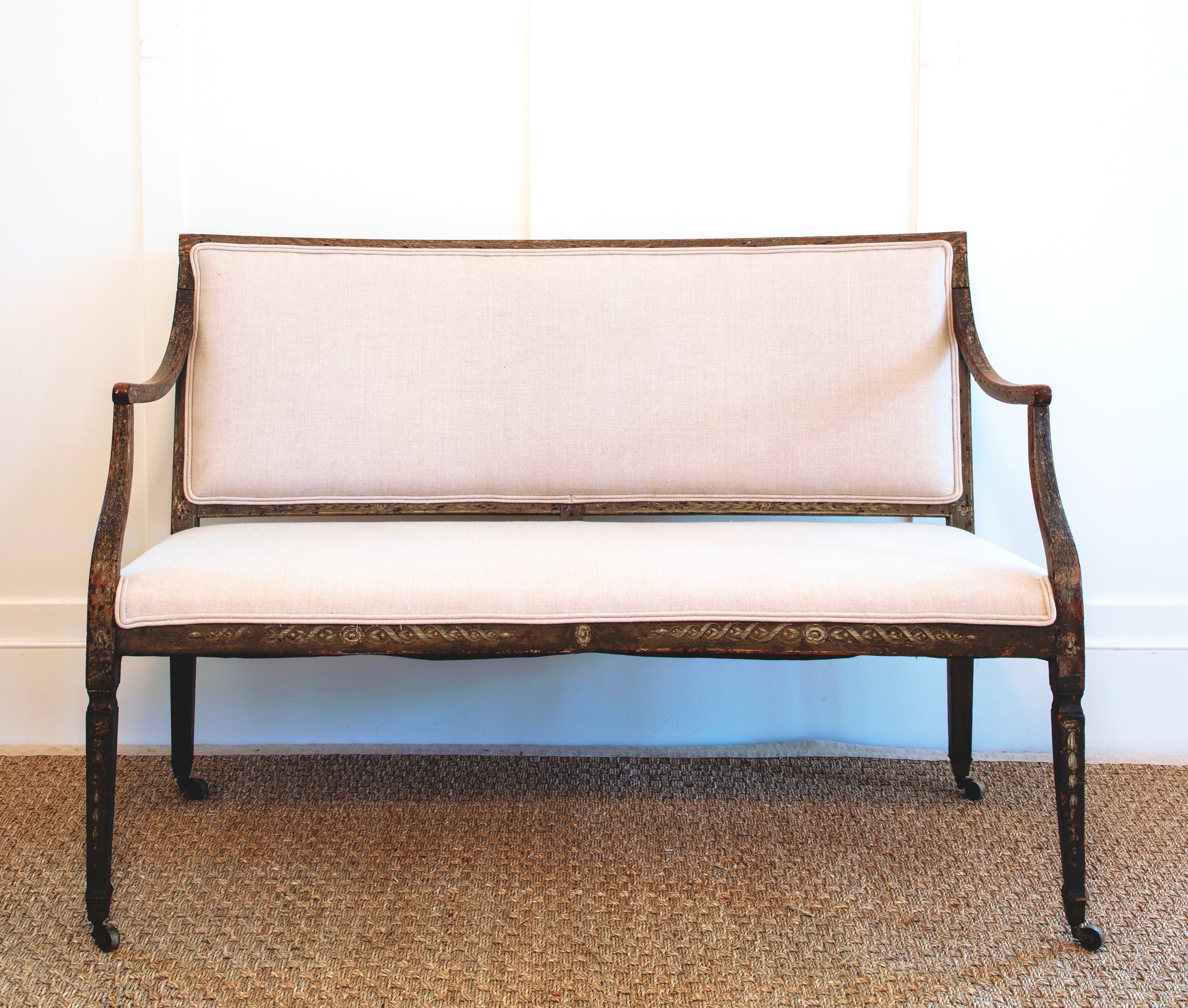 Antique George III Painted Settee with Linen Upholstey