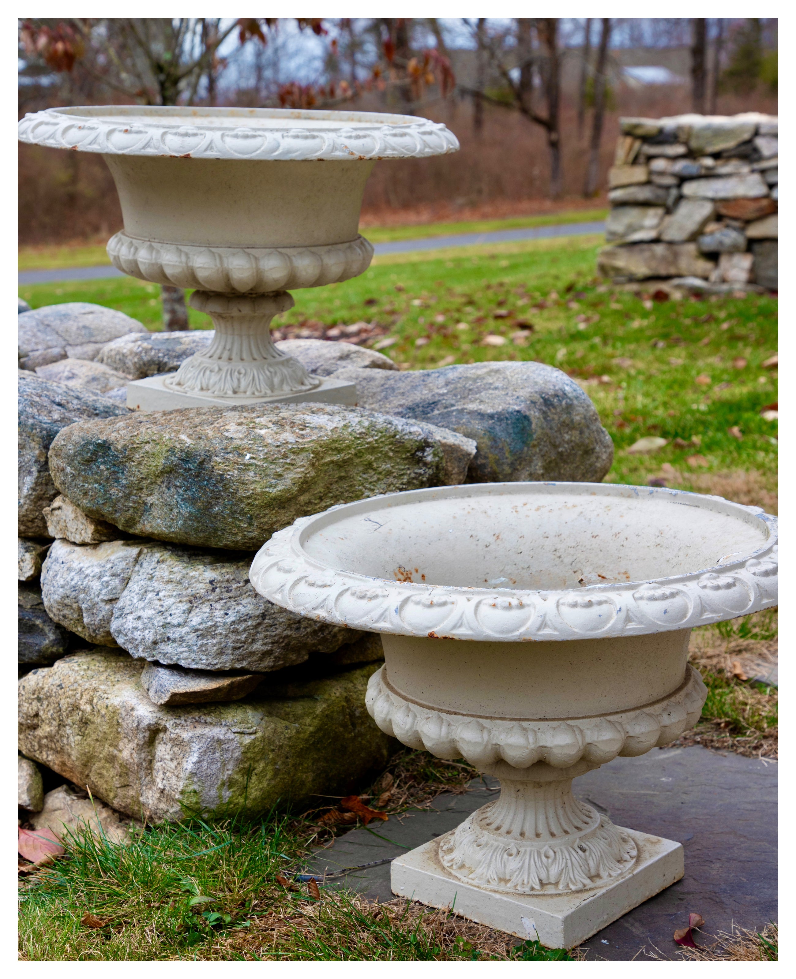 Antique French Painted Cast Iron Jardinieres, Pair