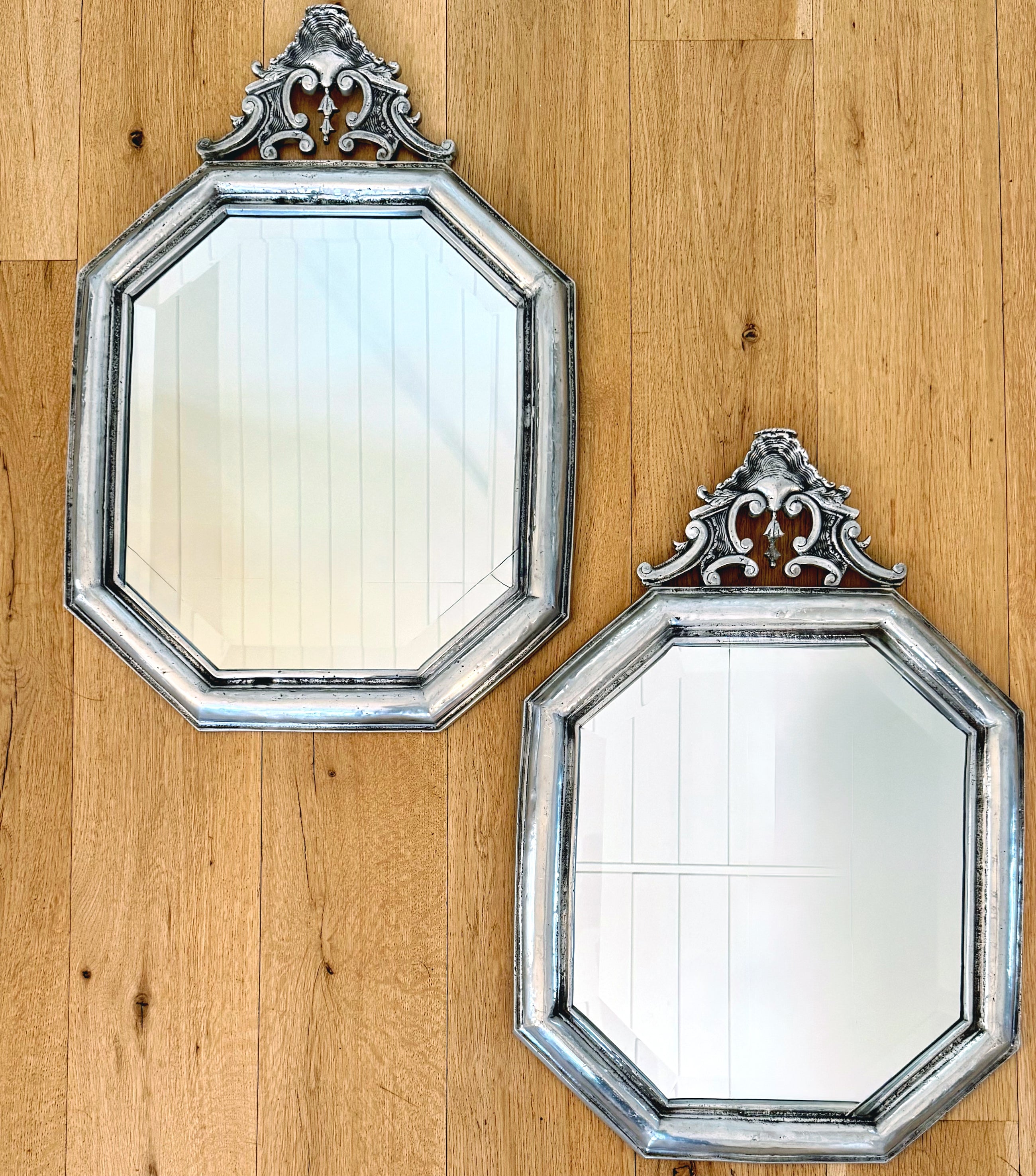 Antique European Pewter Octagonal Frame Mirrors, Pair