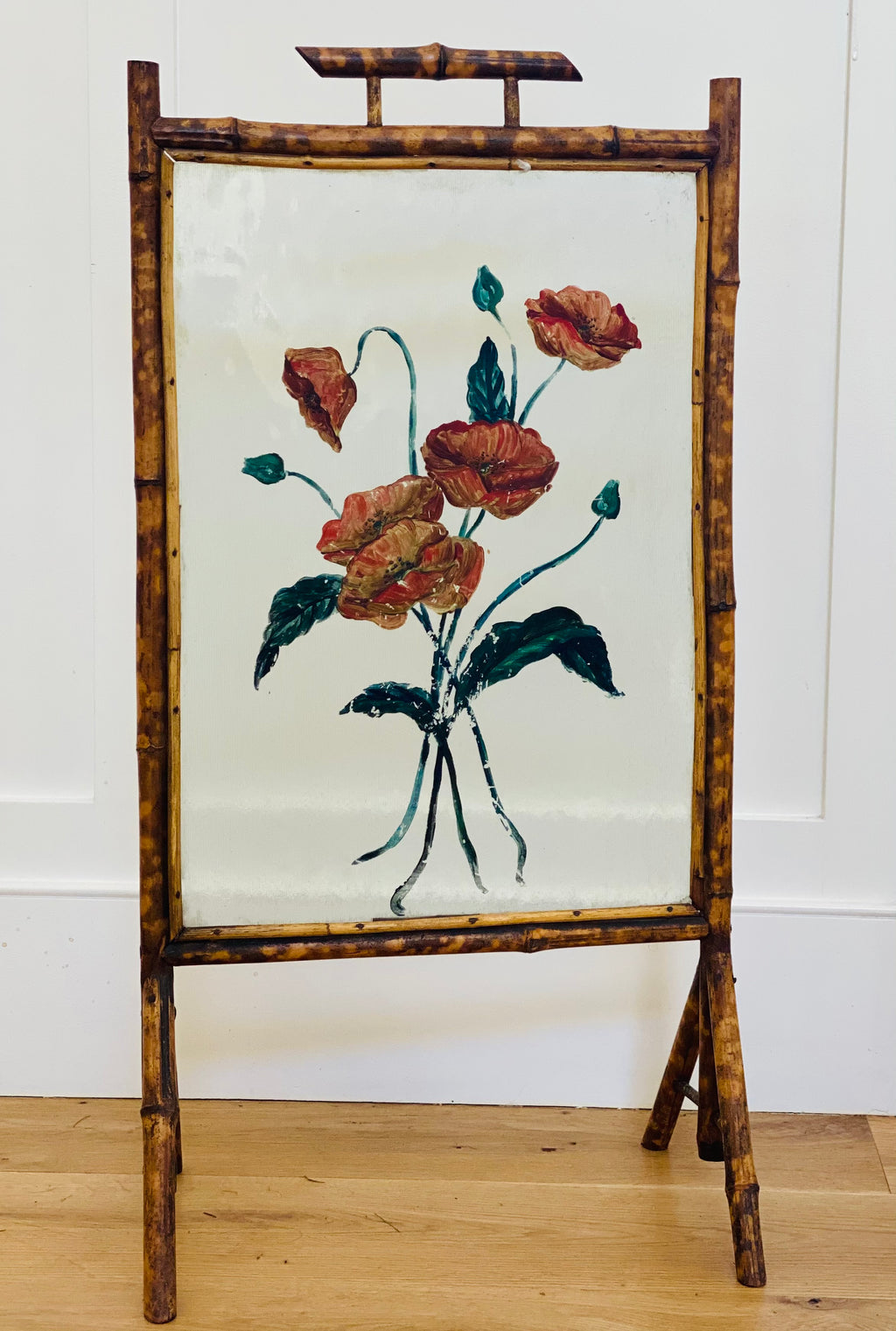 Antique English Bamboo Reverse Hand Painted Glass Fire Screen