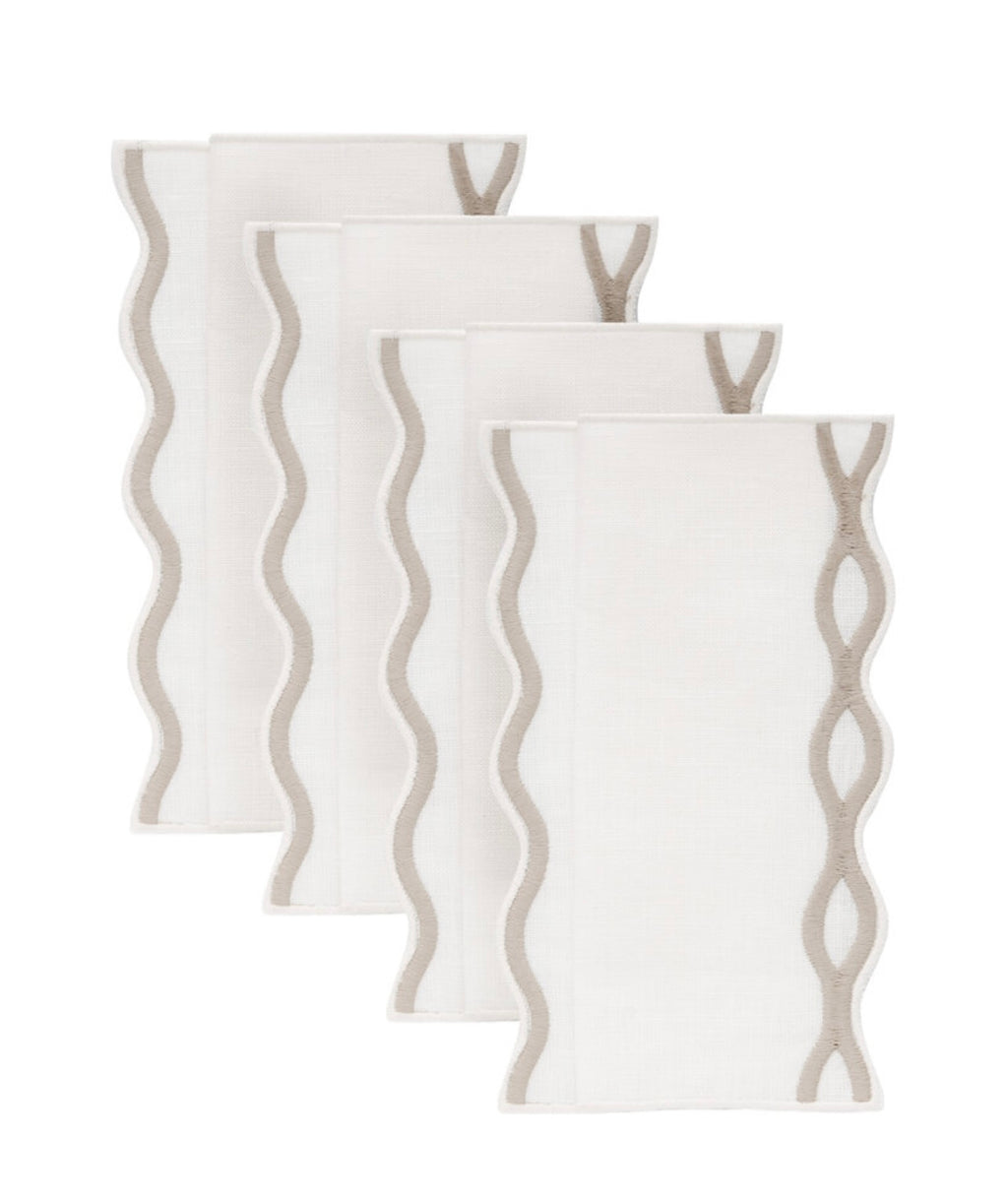White Linen Cocktail Napkins with Trim in Taupe, Set of 4