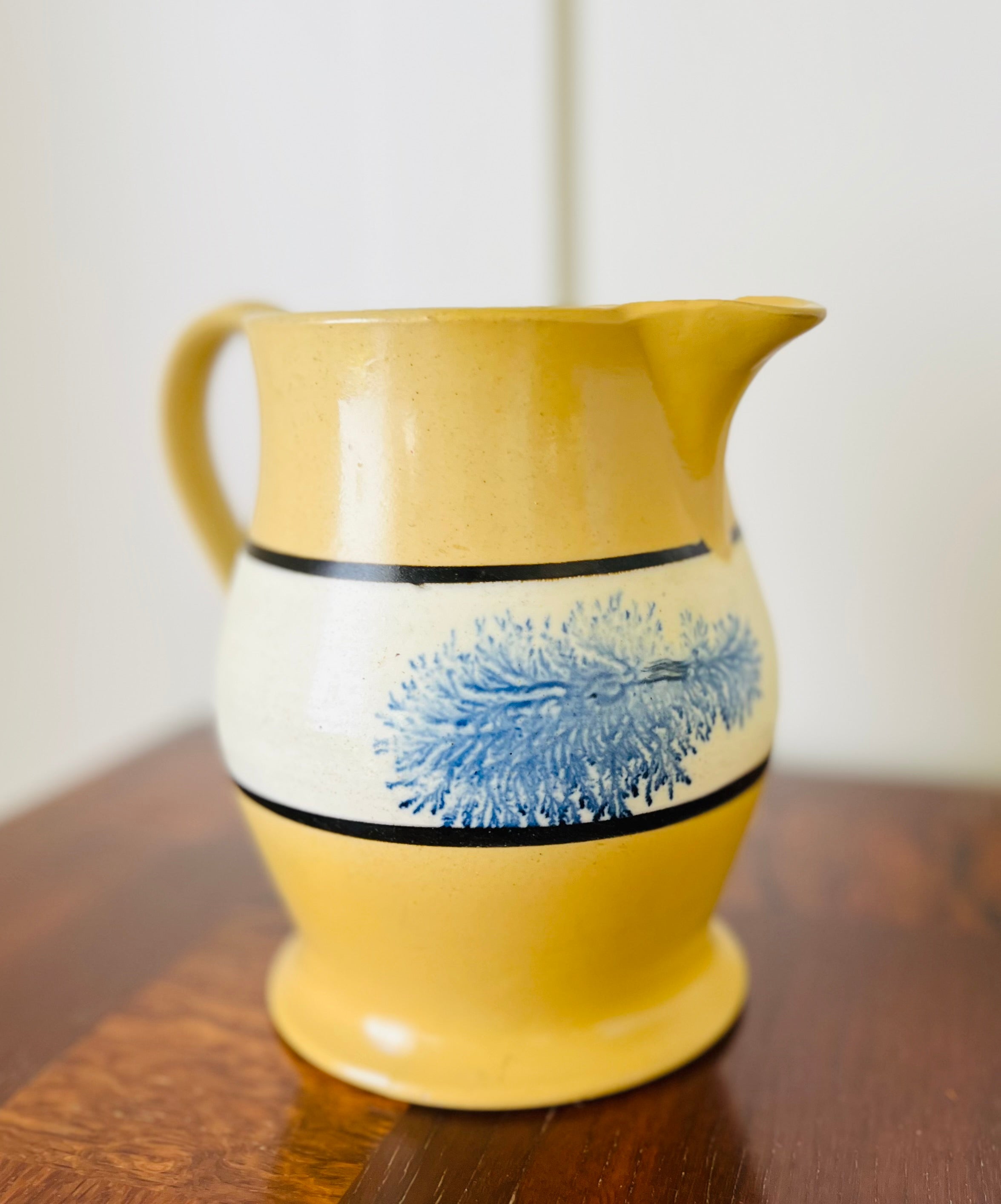 Antique Mocha Ware Pitcher, Yellow with Dendritic Decoration