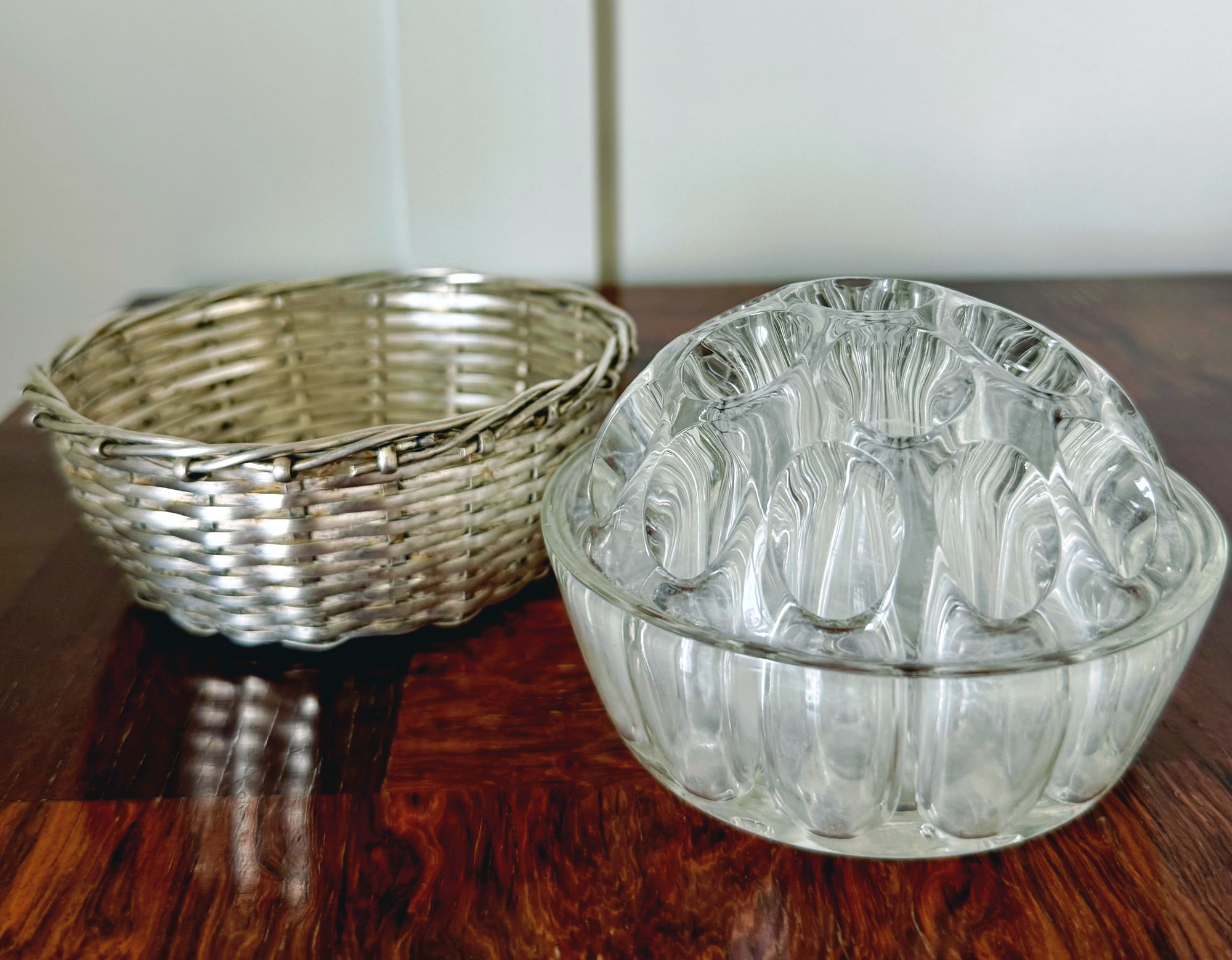 Vintage Glass Flower Frog in Silverplate Woven Bowl