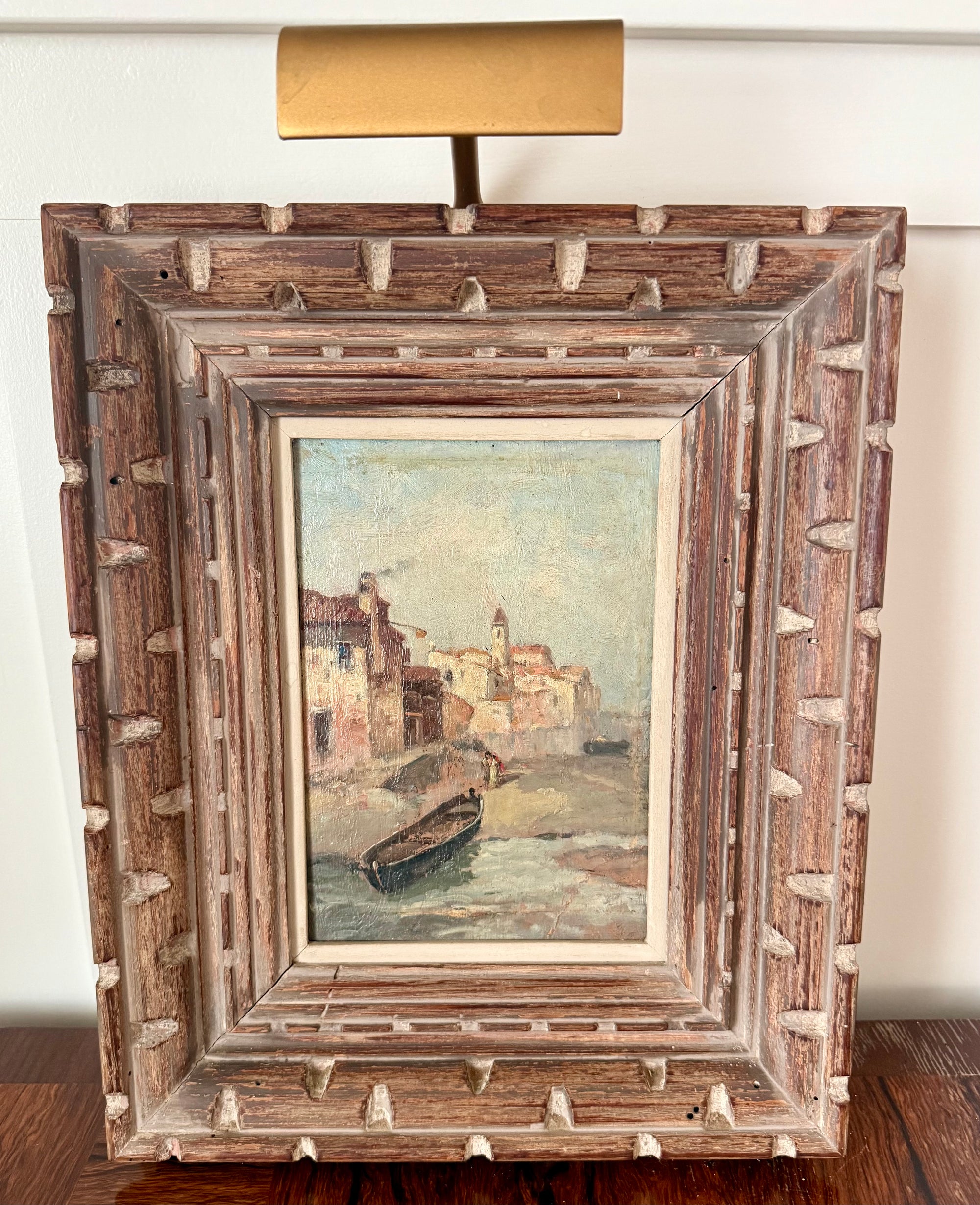 Vintage Oil Painting of European Seaside Village in Carved Wood Frame