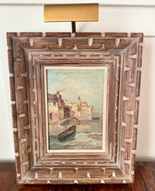 Vintage Oil Painting of European Seaside Village in Carved Wood Frame