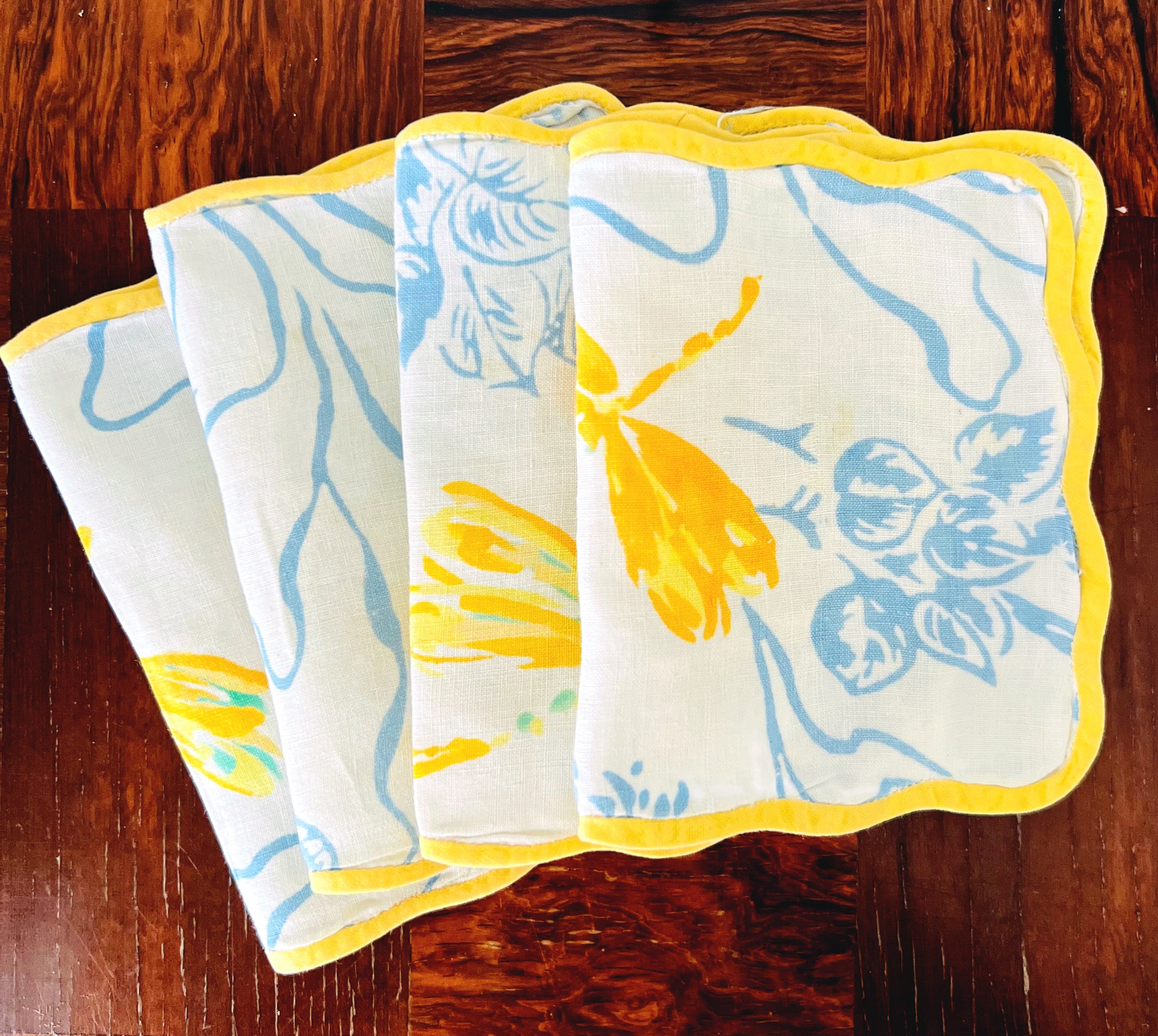 Vintage D. Porthault flax linen cocktail napkins in "Libellules" (Dragonfly) print, Set of Four