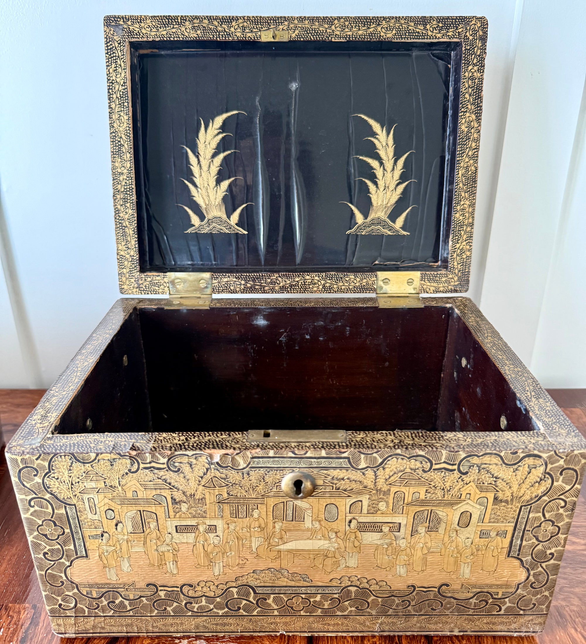 Antique Chinese Gold and Black Lacquered Document Box