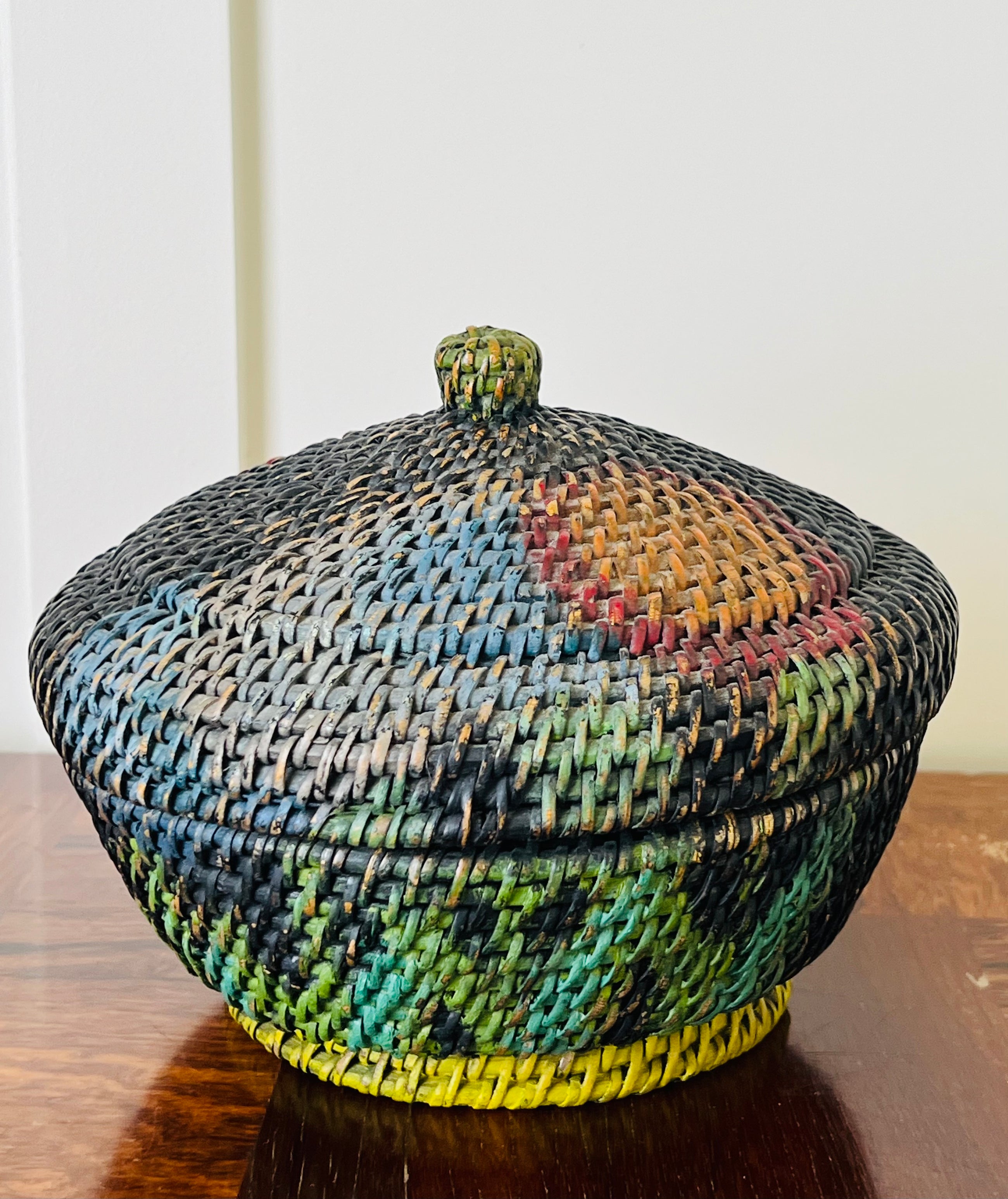 Vintage Painted Woven Lidded Basket