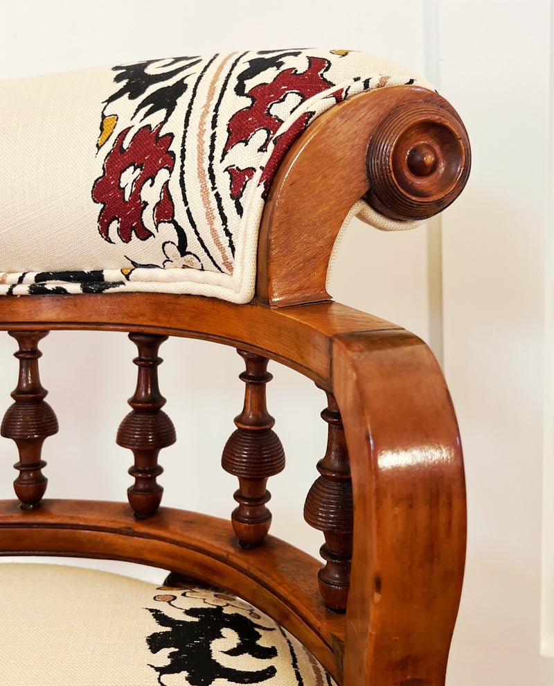 Antique Turned Elmwood Library Chair in Robert Kime Linen, "Algiers"