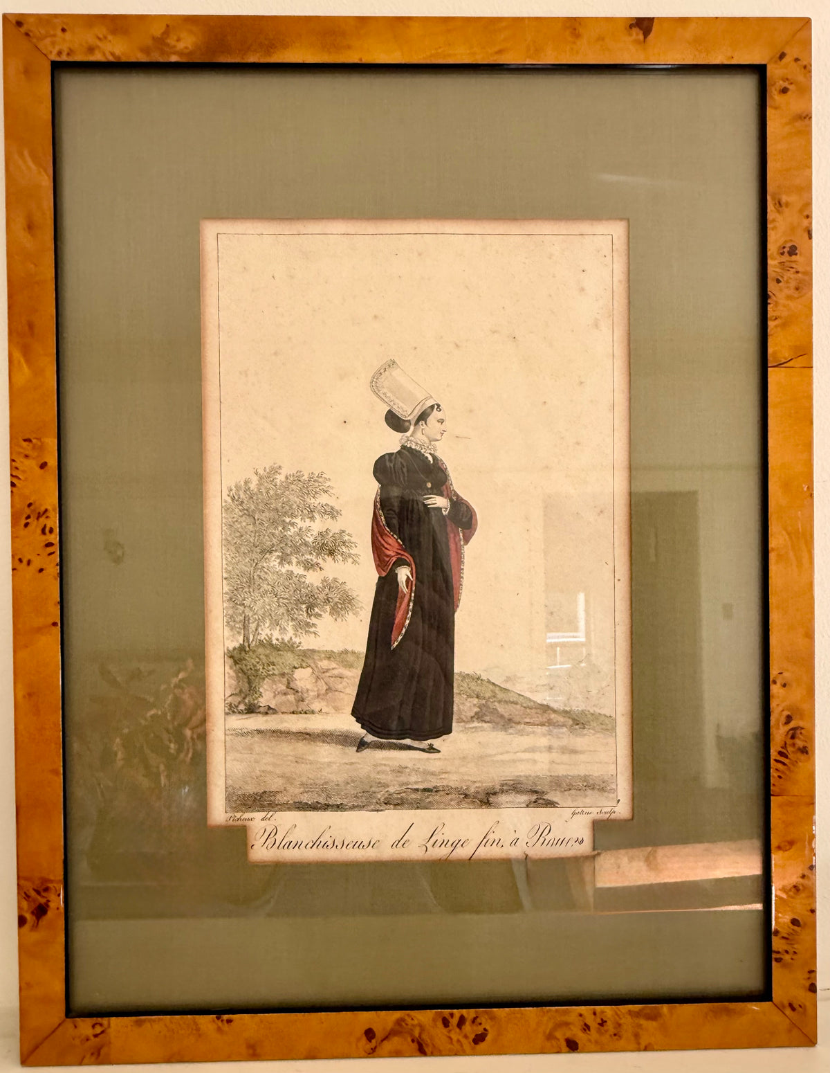 Antique French Engraving, "Fine Linen Laundress in Rouen," c.1825