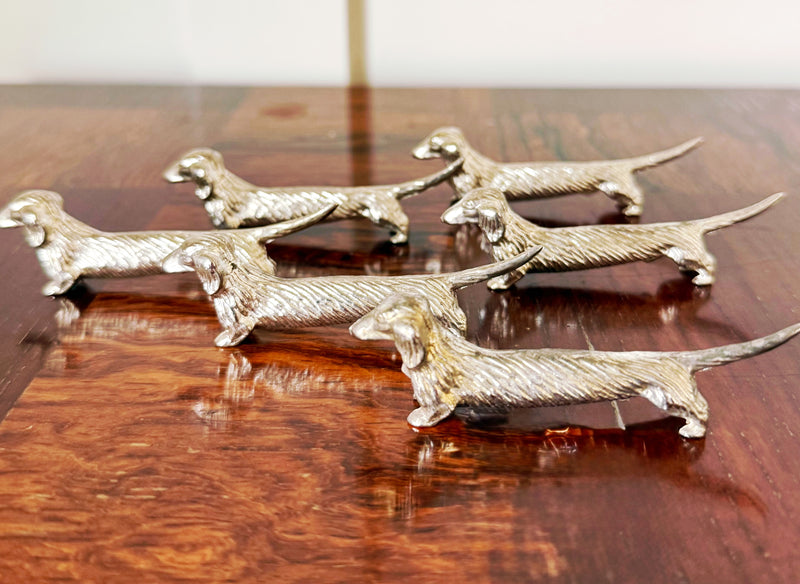 Vintage French Silver Knife Rests in Dachshund Form, Set of Six