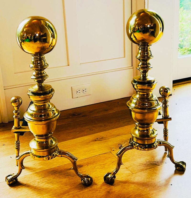 Antique Brass Ball Finial Andirons with Paw Feet