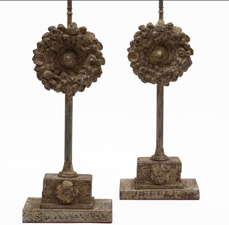 Vintage Large Composite Faux Painted Lamps with Floral Medallions, Pair