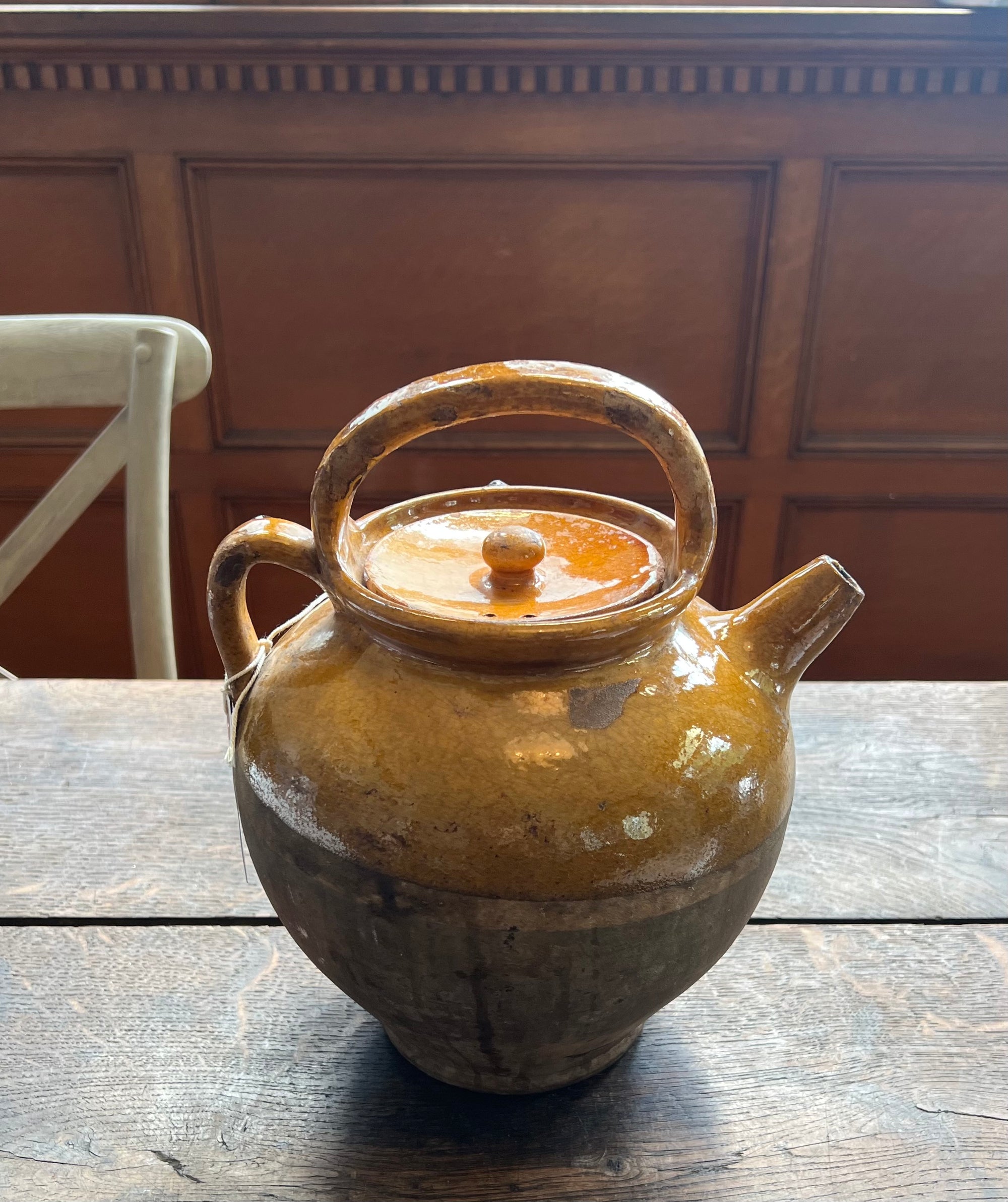 Antique French Vinegar Pot with Lid in Mustard Glaze