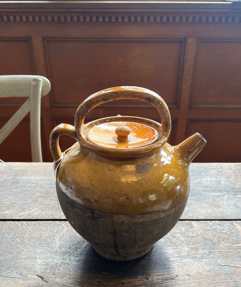 Antique French Vinegar Pot with Lid in Mustard Glaze