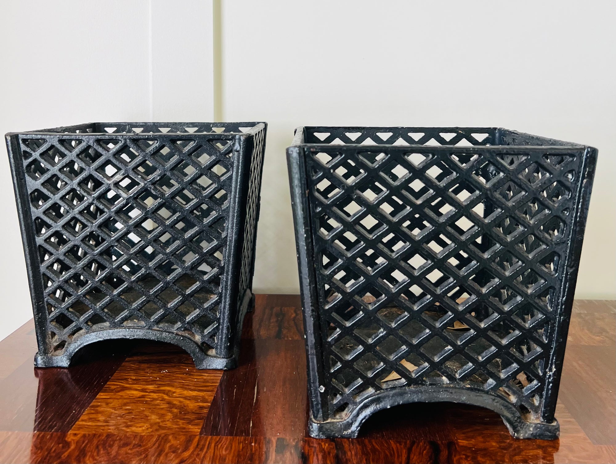 Antique French Cast Iron Lattice Planters, Pair