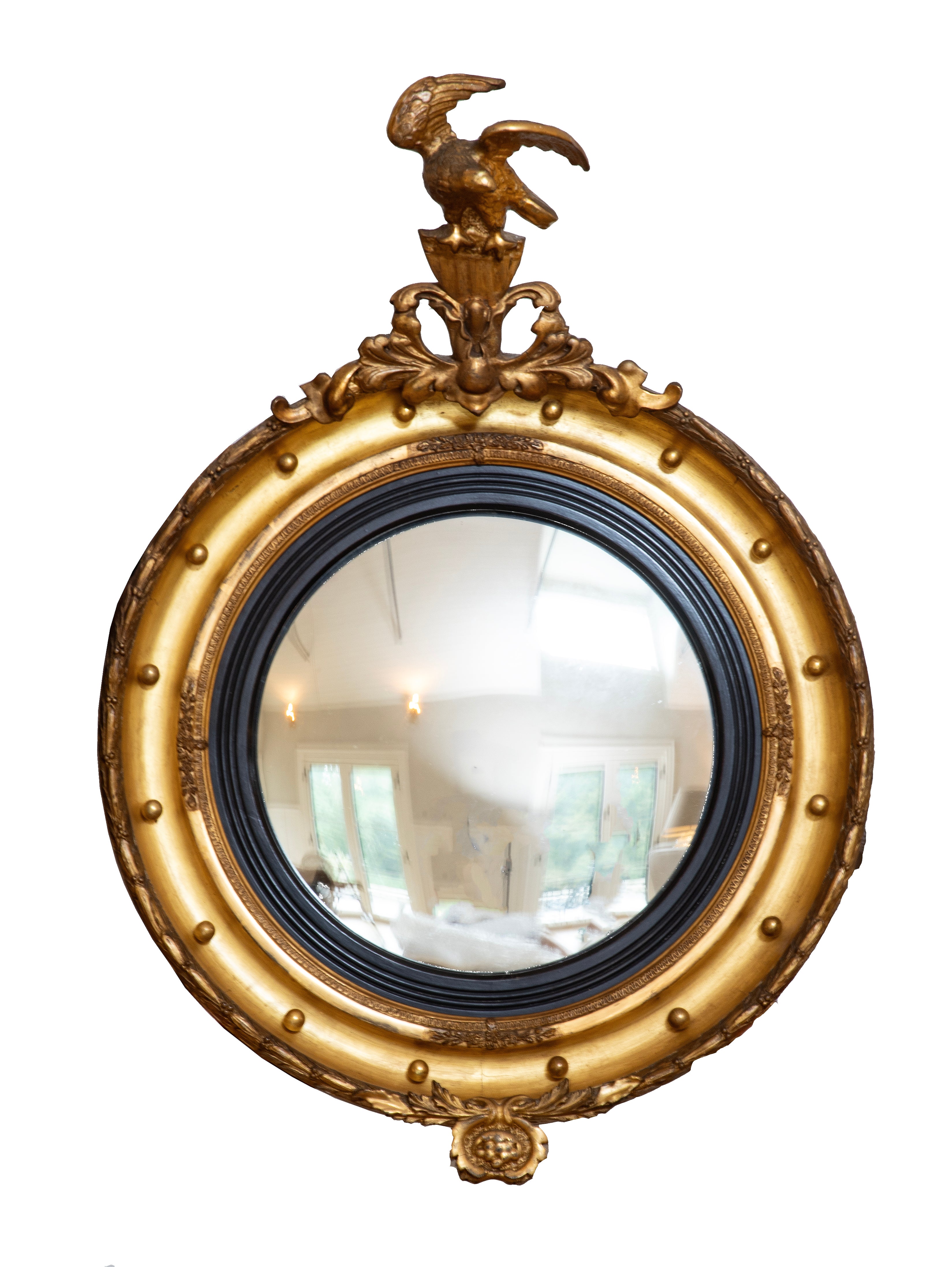 Antique American Gilt Wood Convex Mirror with Perched Eagle, c. late 1800s