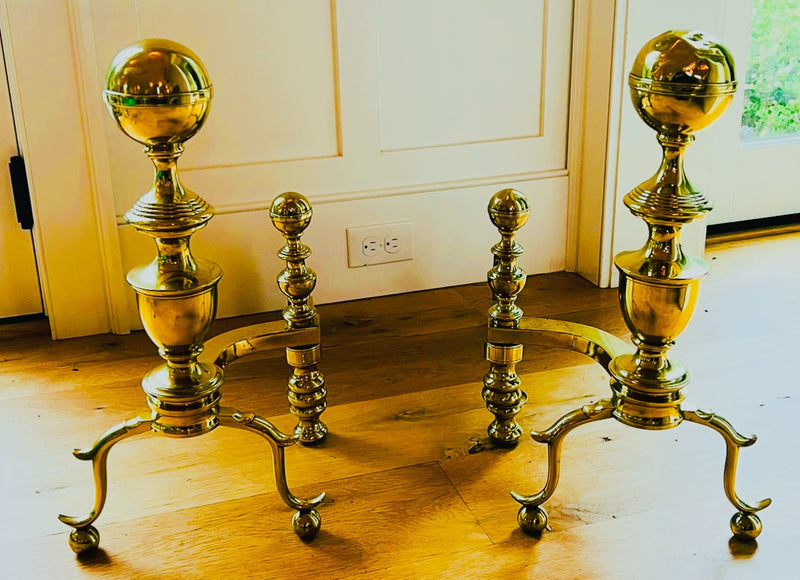 Antique Brass Ball Finial Andirons with Spur Legs