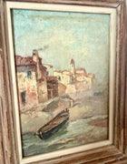 Vintage Oil Painting of European Seaside Village in Carved Wood Frame