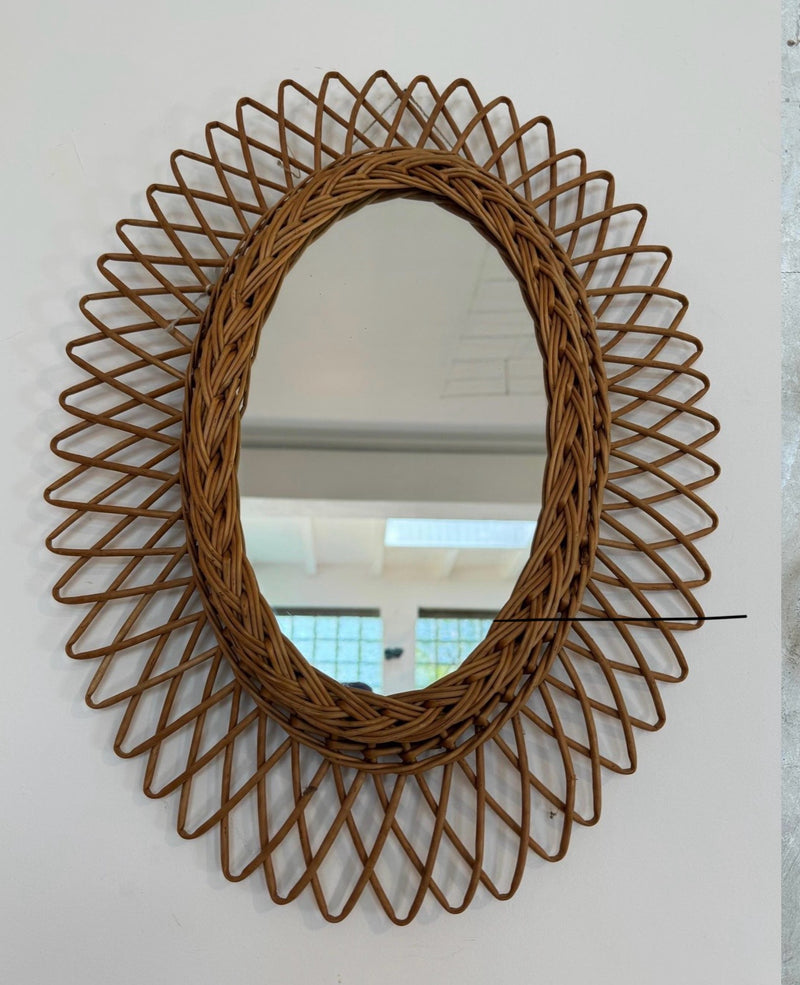 French Rattan Mirror, c. 1970s, 15" x 20"