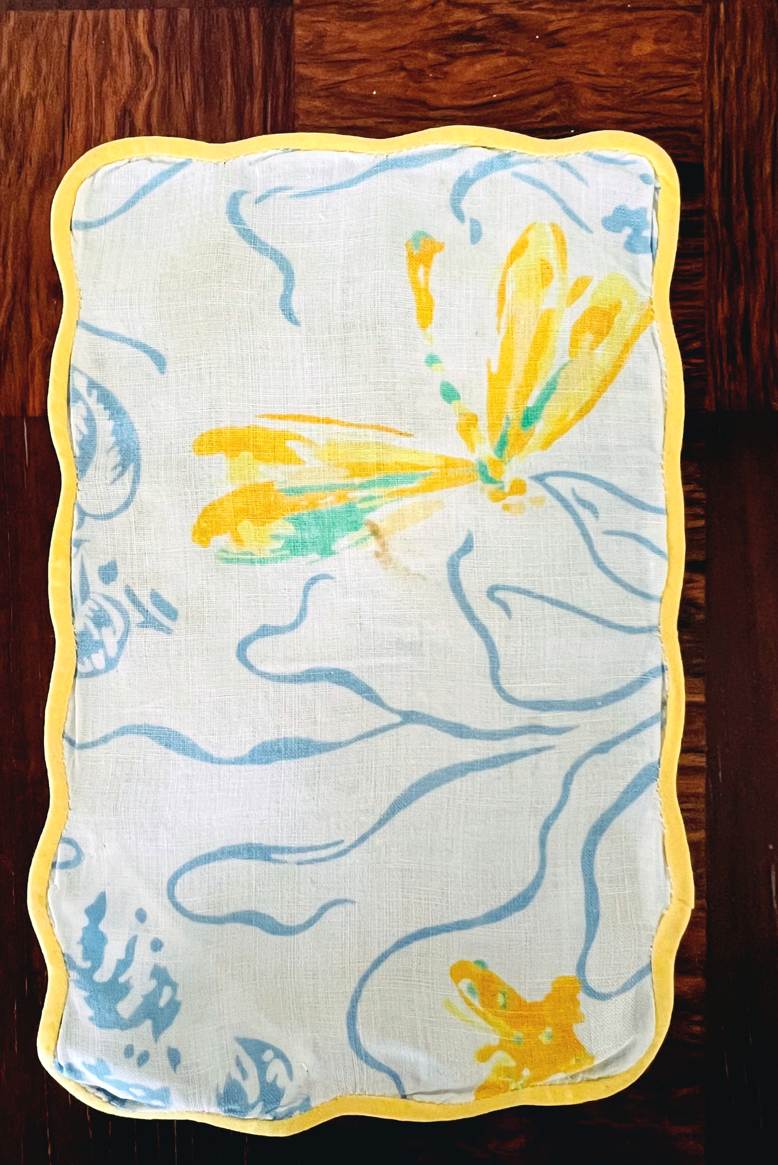 Vintage D. Porthault flax linen cocktail napkins in "Libellules" (Dragonfly) print, Set of Four