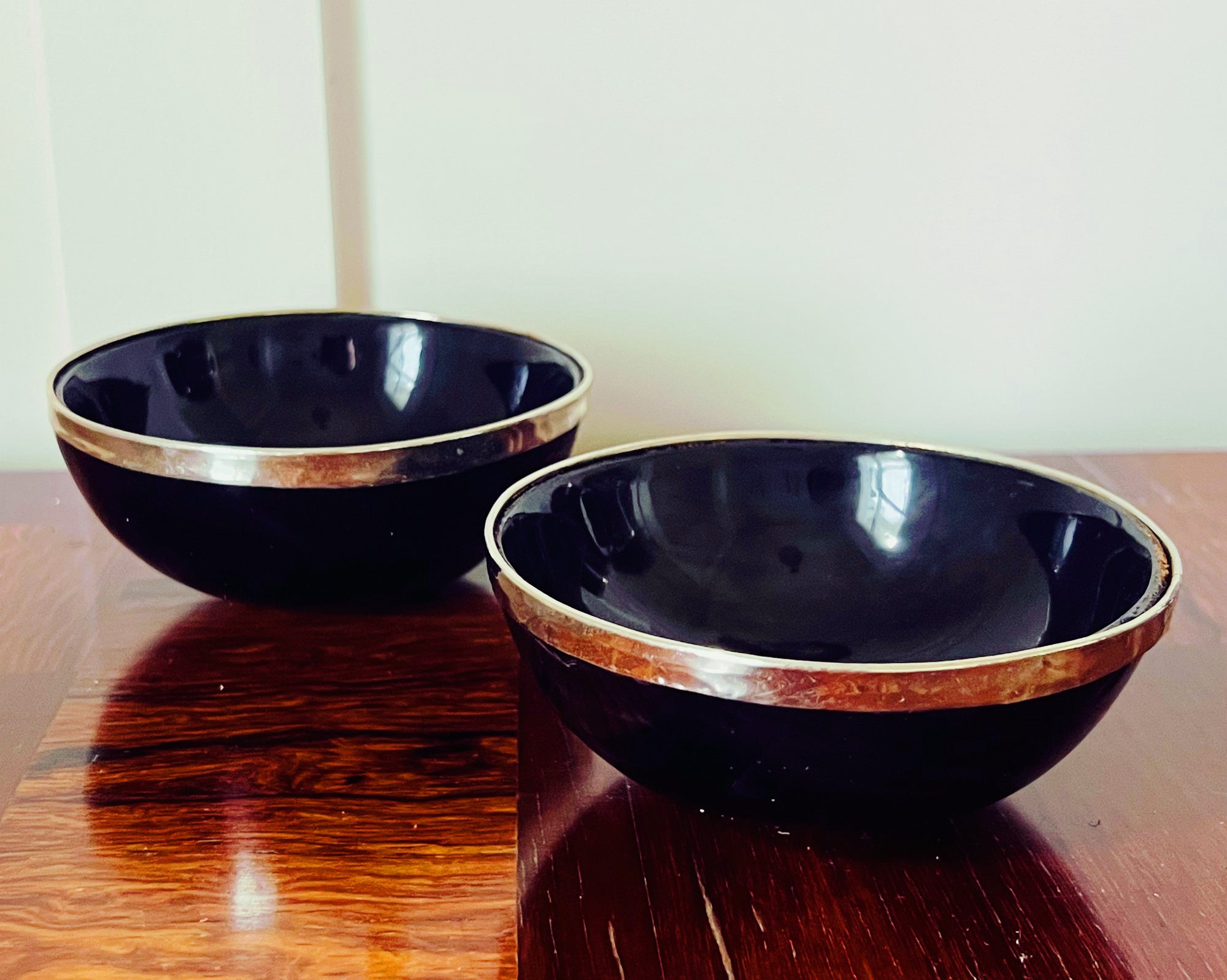 Horn Bowls with Silver Rims,Pair