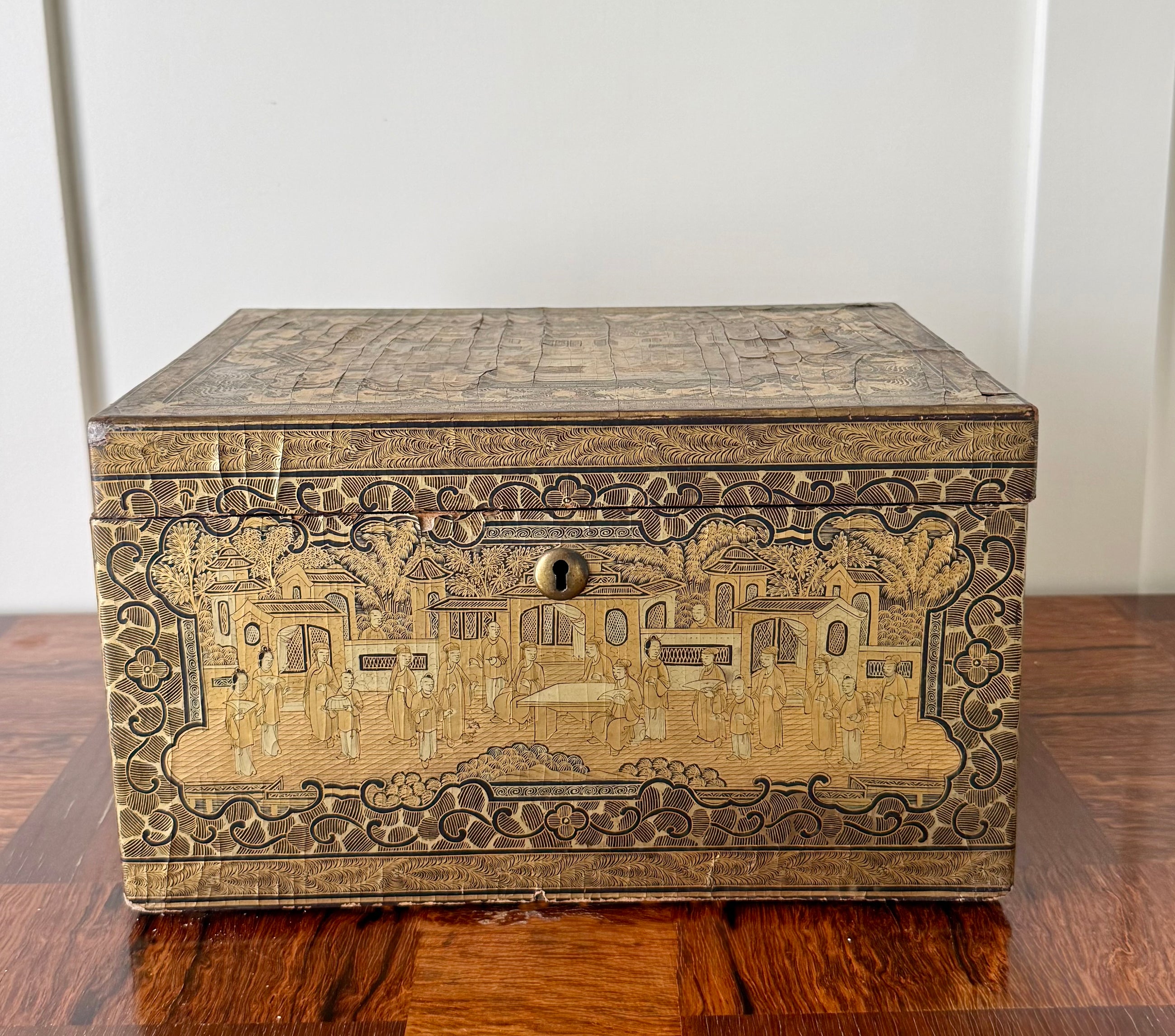 Antique Chinese Gold and Black Lacquered Document Box