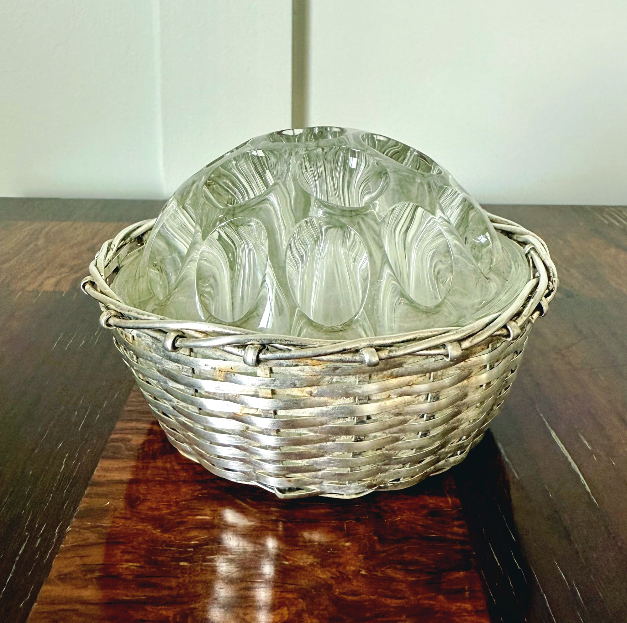 Vintage Glass Flower Frog in Silverplate Woven Bowl