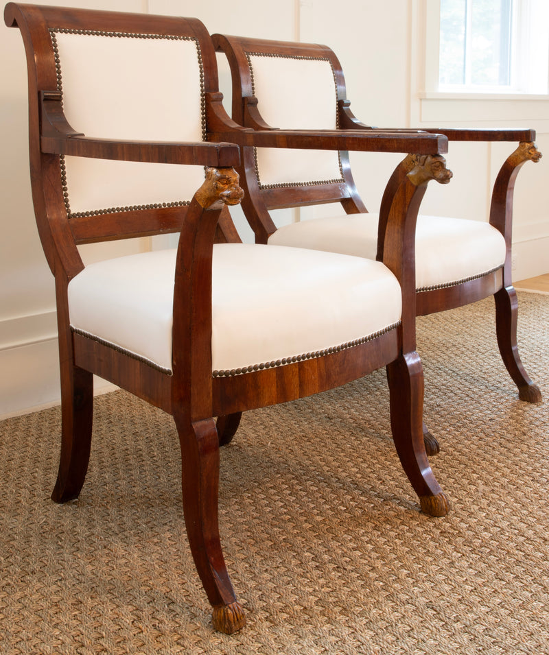 Antique Italian Carved Walnut Arm Chairs, Pair