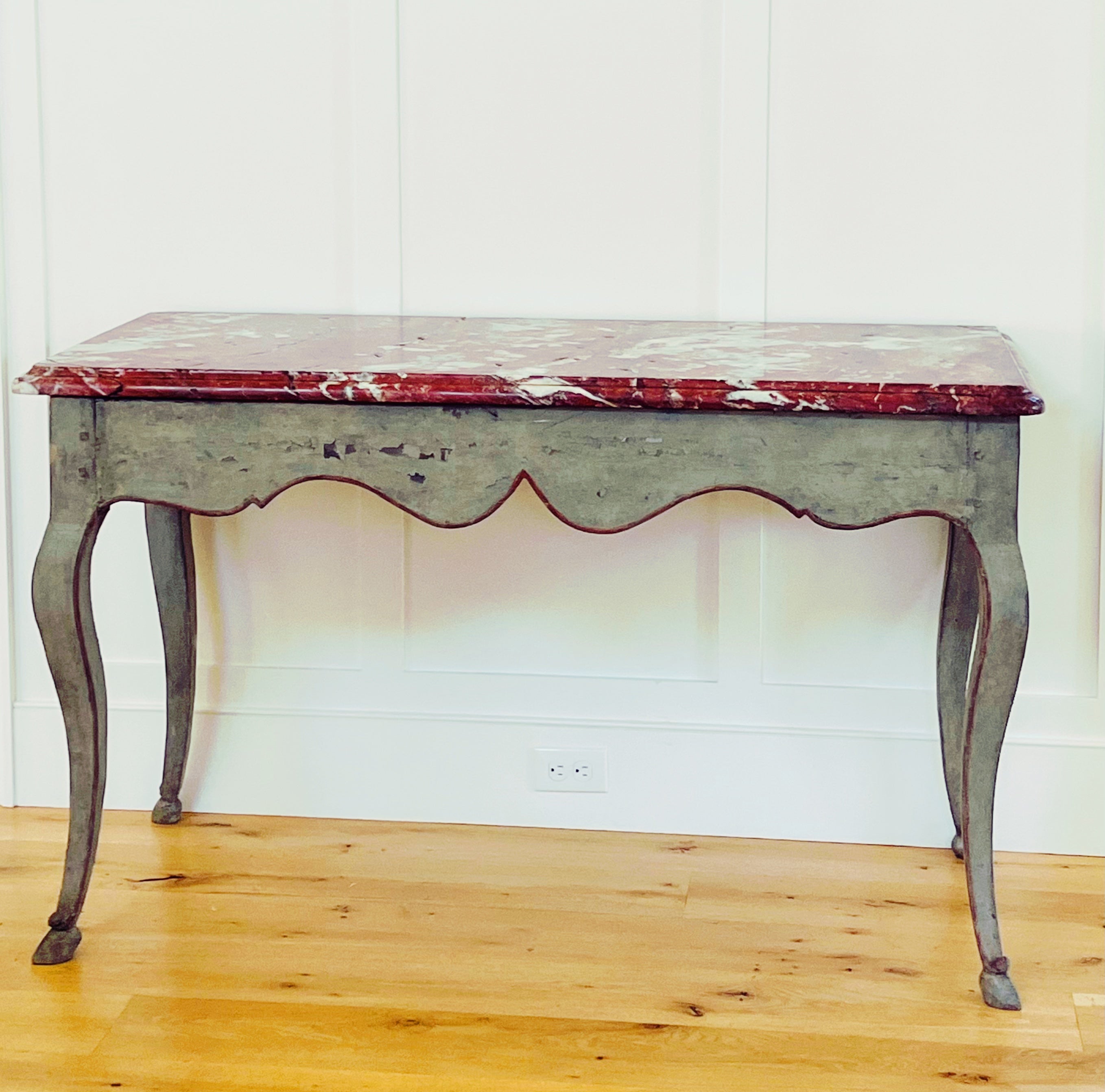 French Provincial Gray Painted Table with Rouge Marble Top, 18th century
