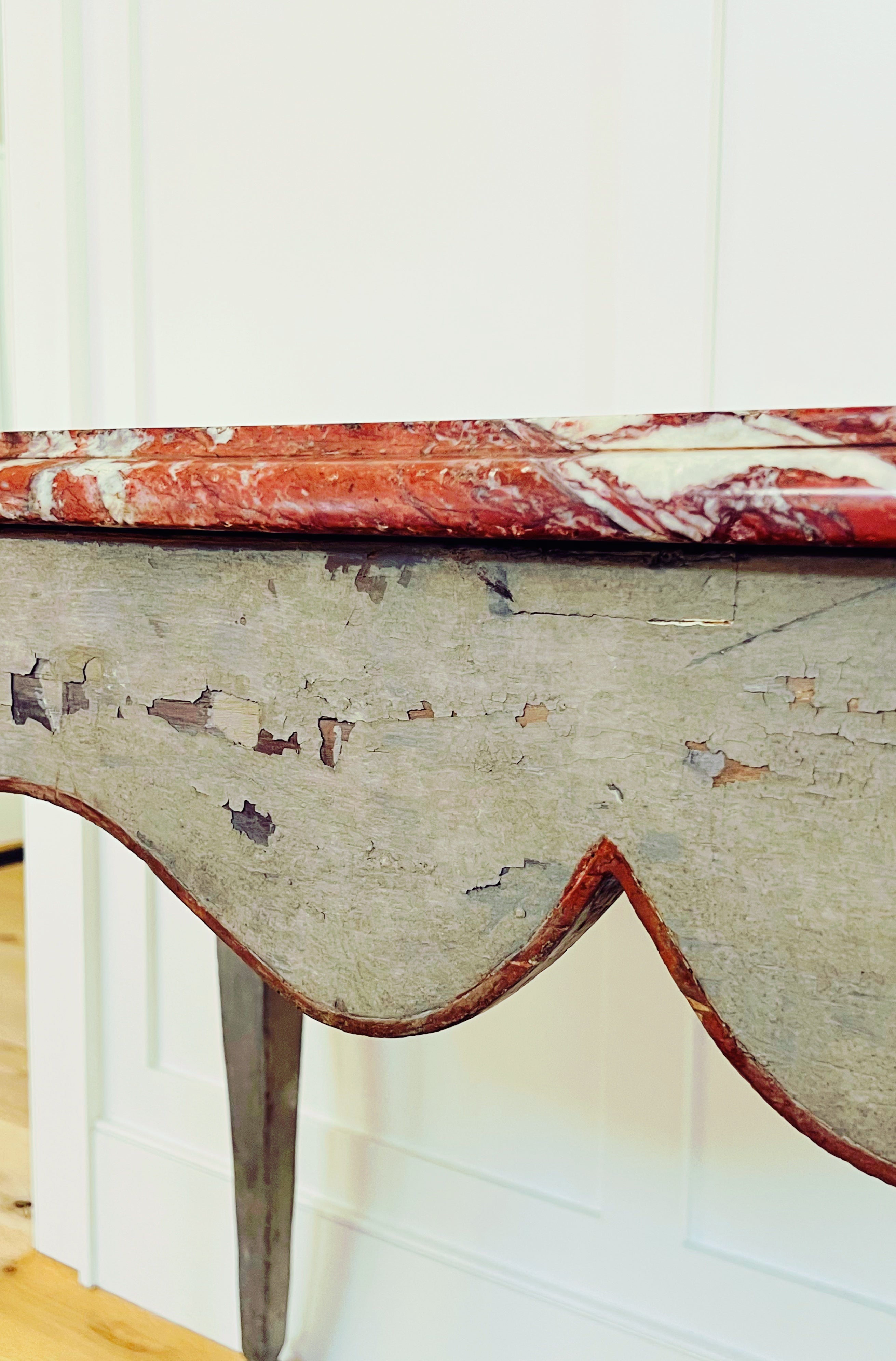 French Provincial Gray Painted Table with Rouge Marble Top, 18th century