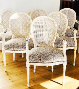 Vintage French Style Cane Upholstered Arm Chairs, Set of 6