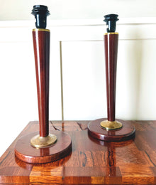 Vintage French Art Deco Wood Table Lamps with Brass Inlay, Pair