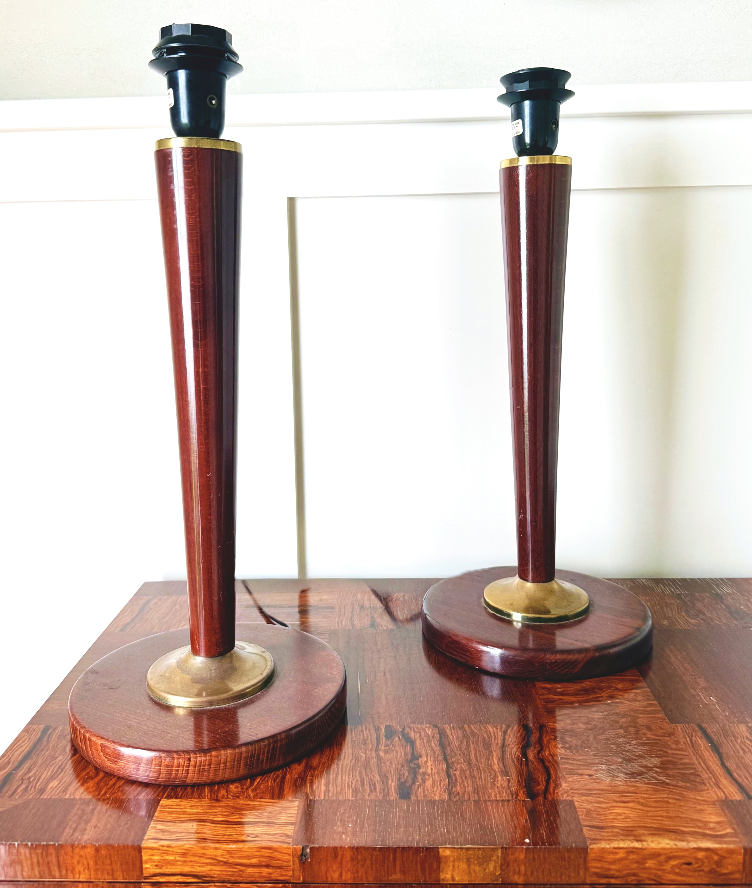 Vintage French Art Deco Wood Table Lamps with Brass Inlay, Pair