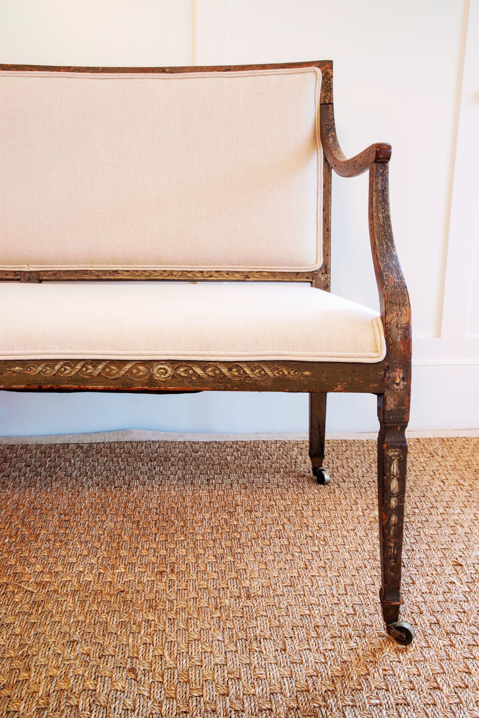 Antique George III Painted Settee with Linen Upholstey