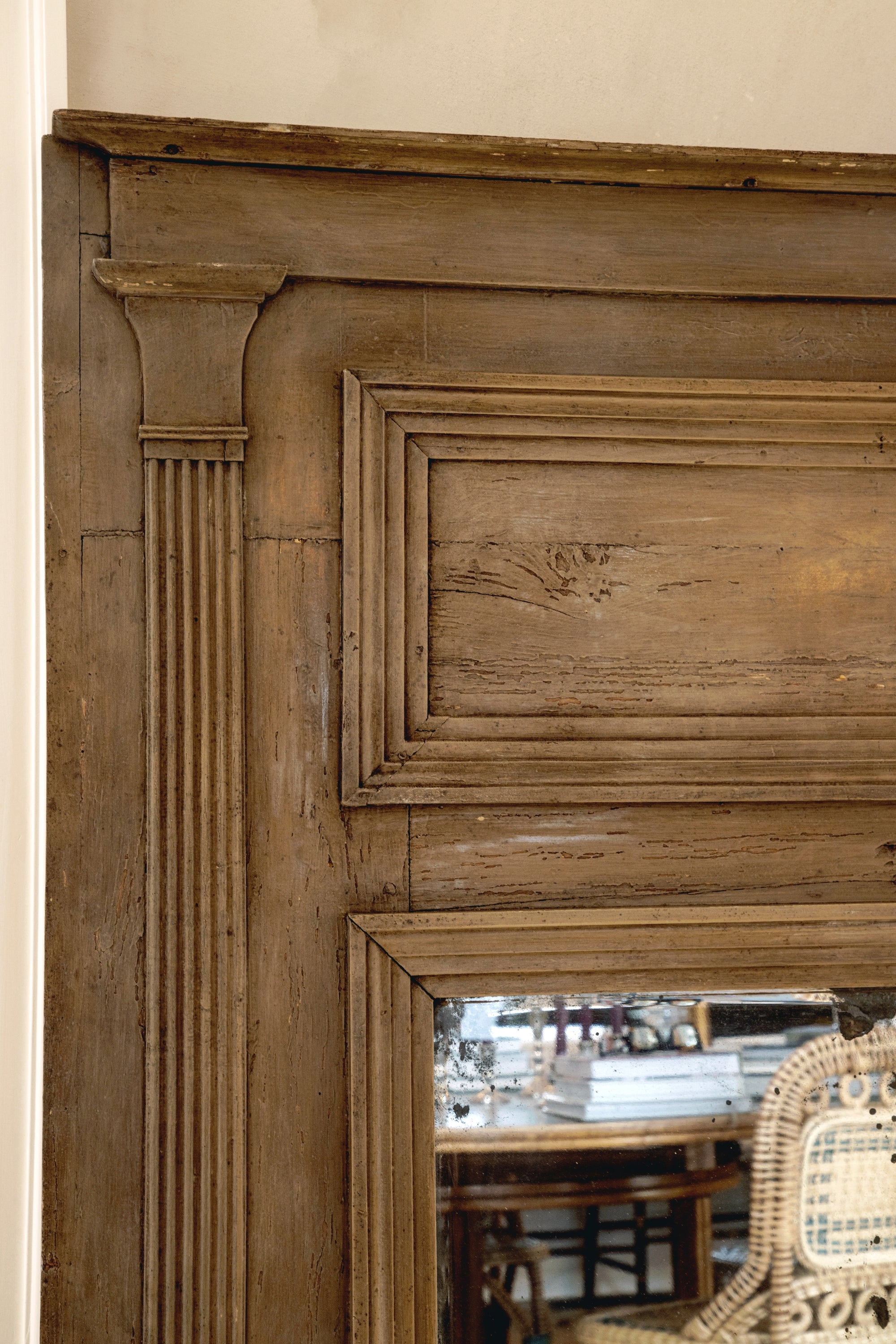 Antique French Large Painted Wood Mirror with Carved Column Detail