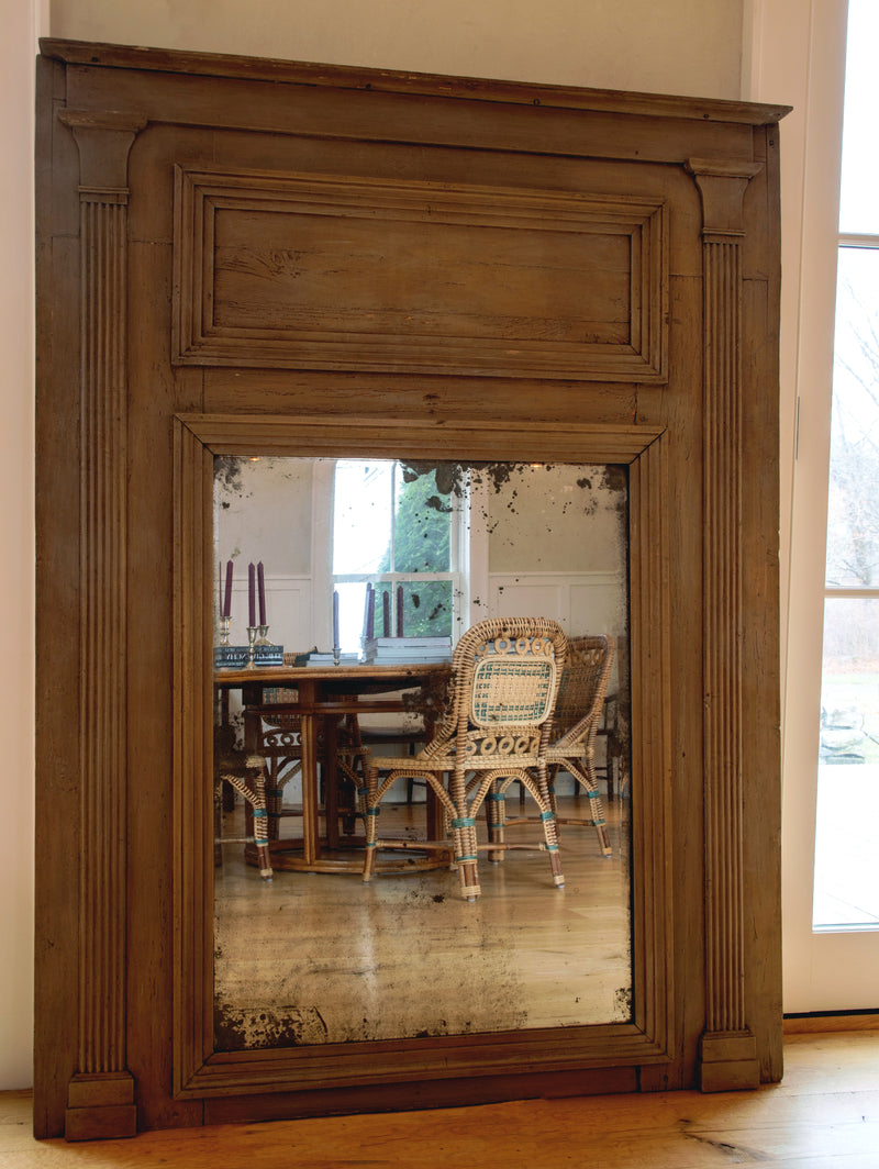 Antique French Large Painted Wood Mirror with Carved Column Detail