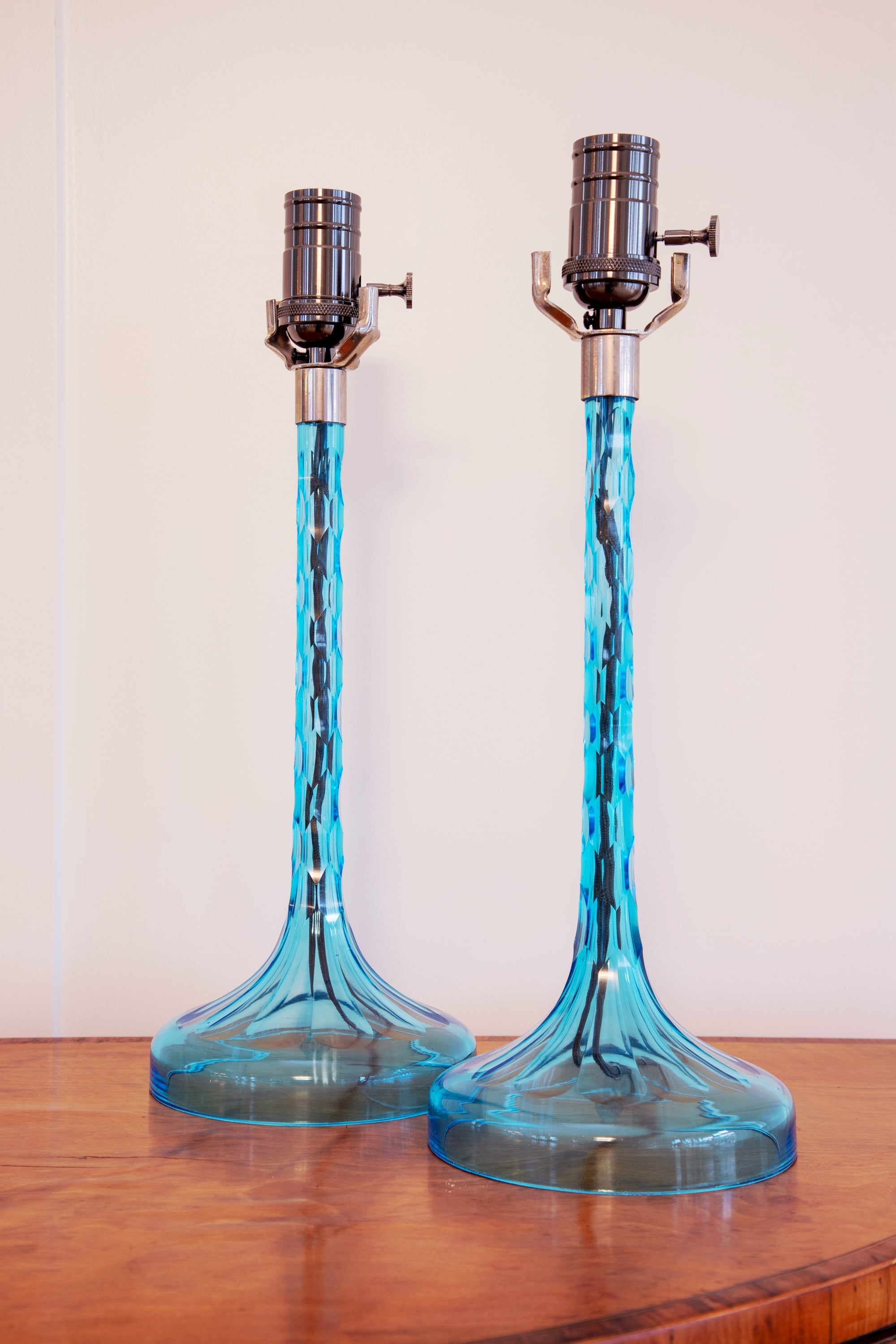 Blue Cut Glass Table Lamps, Pair