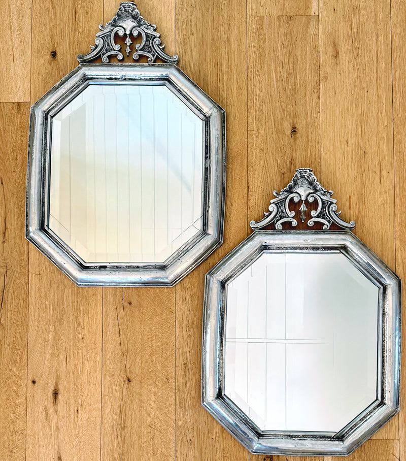 Antique European Pewter Octagonal Frame Mirrors, Pair