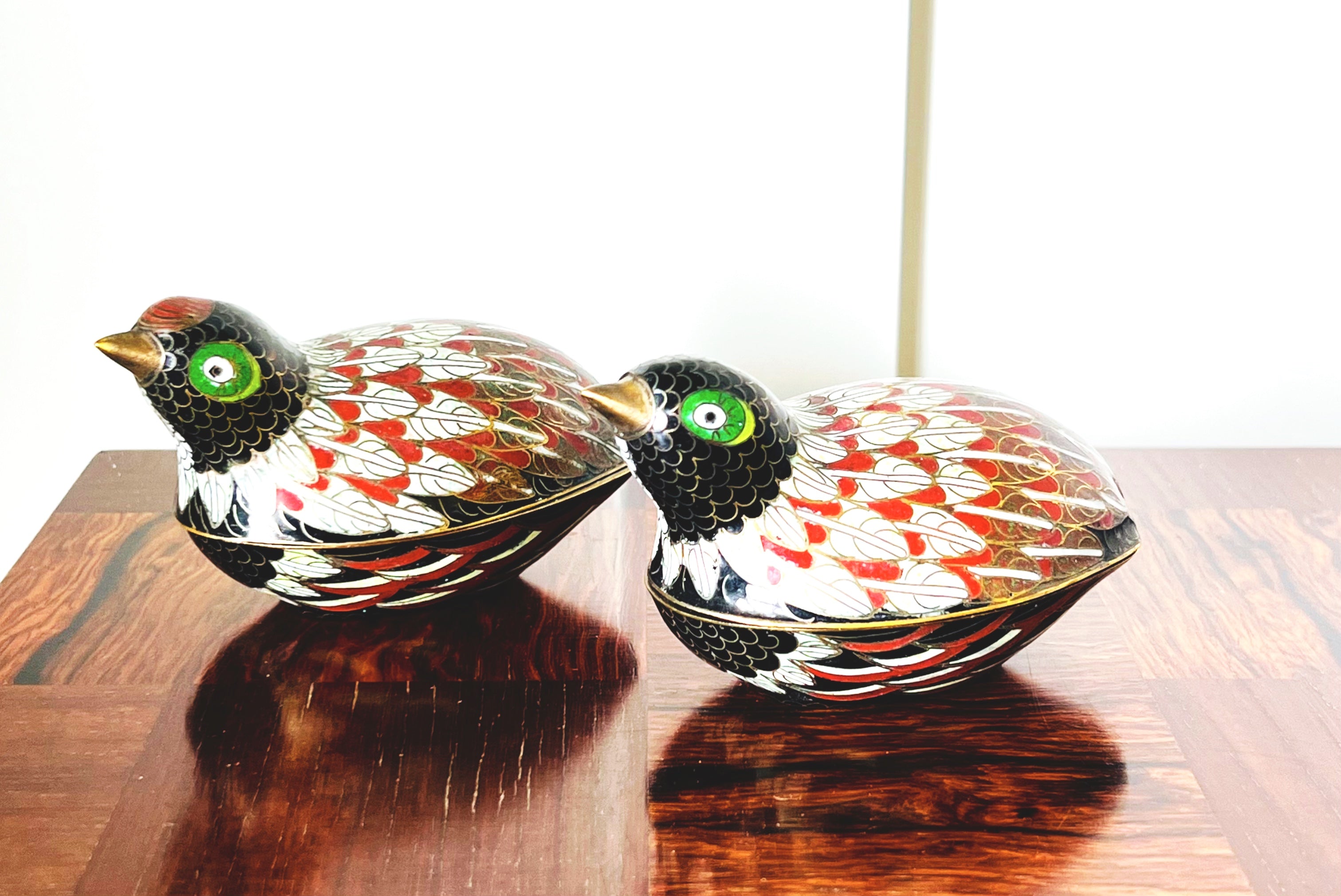 Cloisonné Lidded Boxes in Form of Partridges, Pair