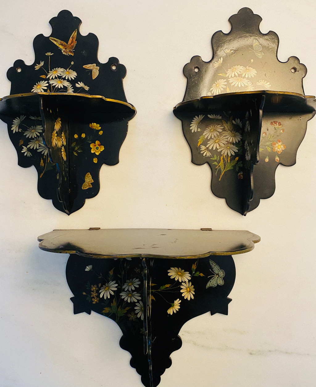 Vintage Black Wall Brackets with Handpainted Flower and Butterfly Motif, Set of Three
