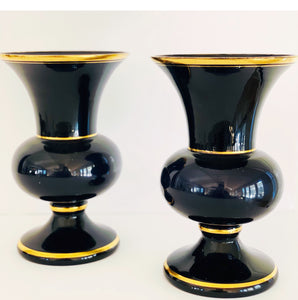 Aubergine Glass Urns with Gilt Detail, Pair