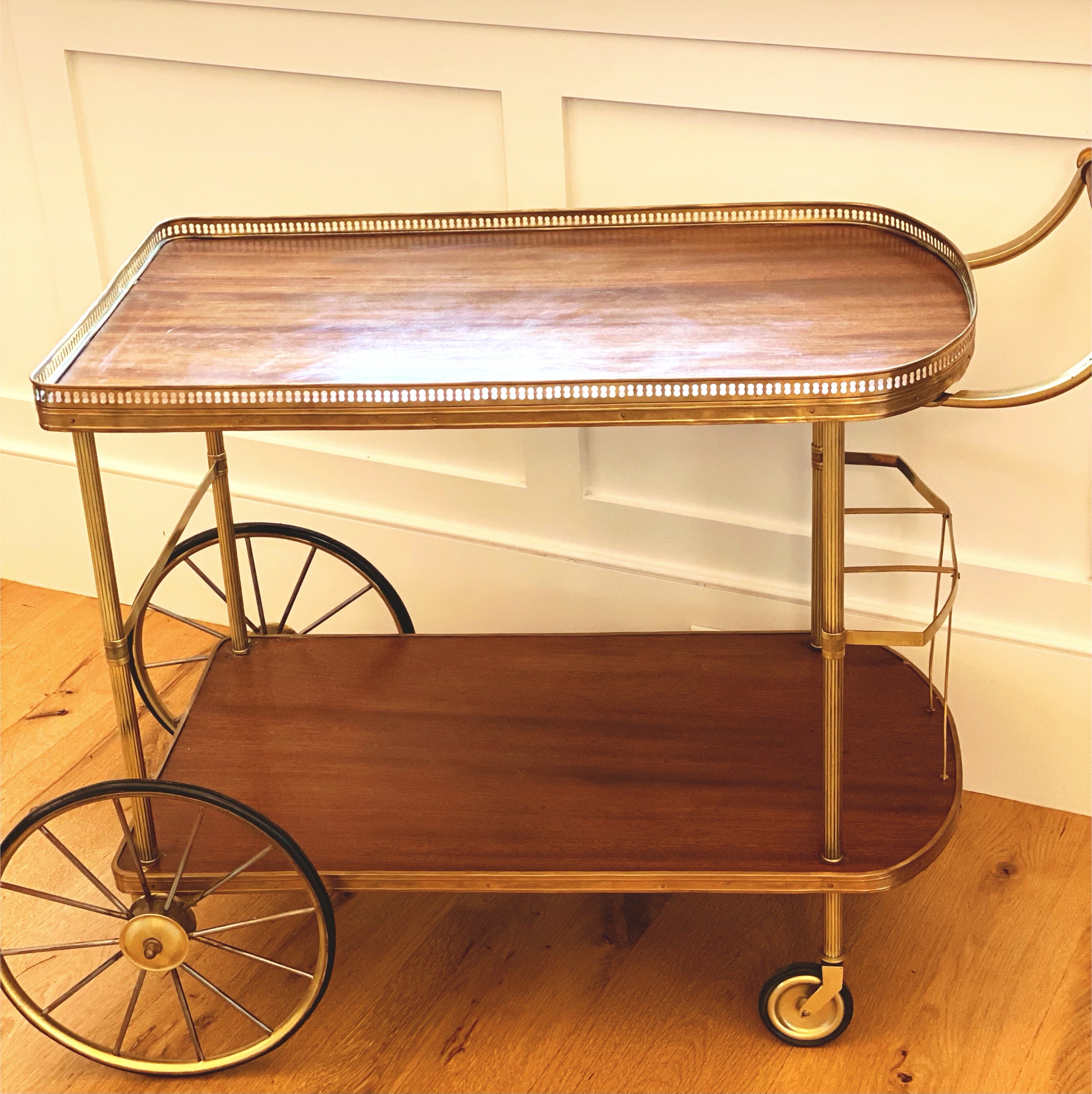 Vintage French Brass and Walnut Drinks Trolley